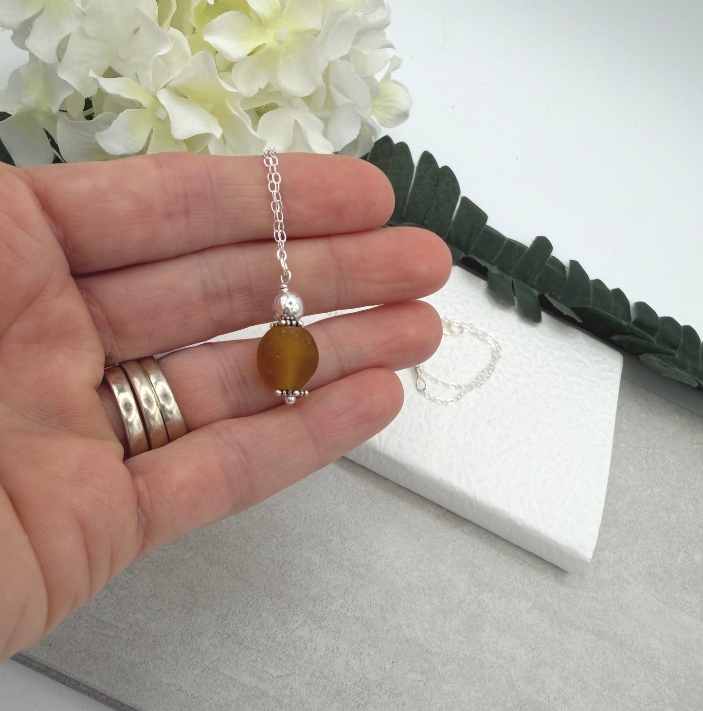 Necklace with Brown, Recycled Frosted Glass and Sterling Silver Beads CDN-946