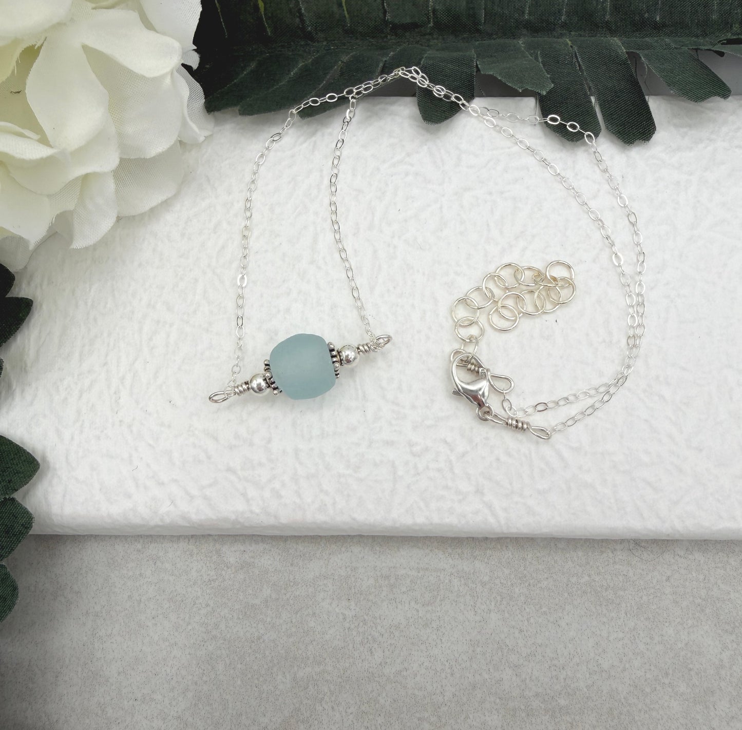Necklace with Blue, Recycled Frosted Glass and Sterling Silver Beads CDN-947