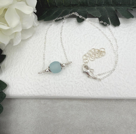 Necklace with Blue, Recycled Frosted Glass and Sterling Silver Beads CDN-947