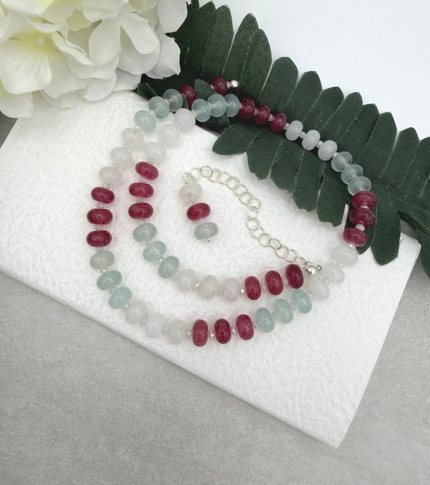 Necklace with White, PInk and Blue Jade Beads and Crystal Spacers CDN-955