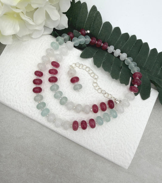 Necklace with White, PInk and Blue Jade Beads and Crystal Spacers CDN-955