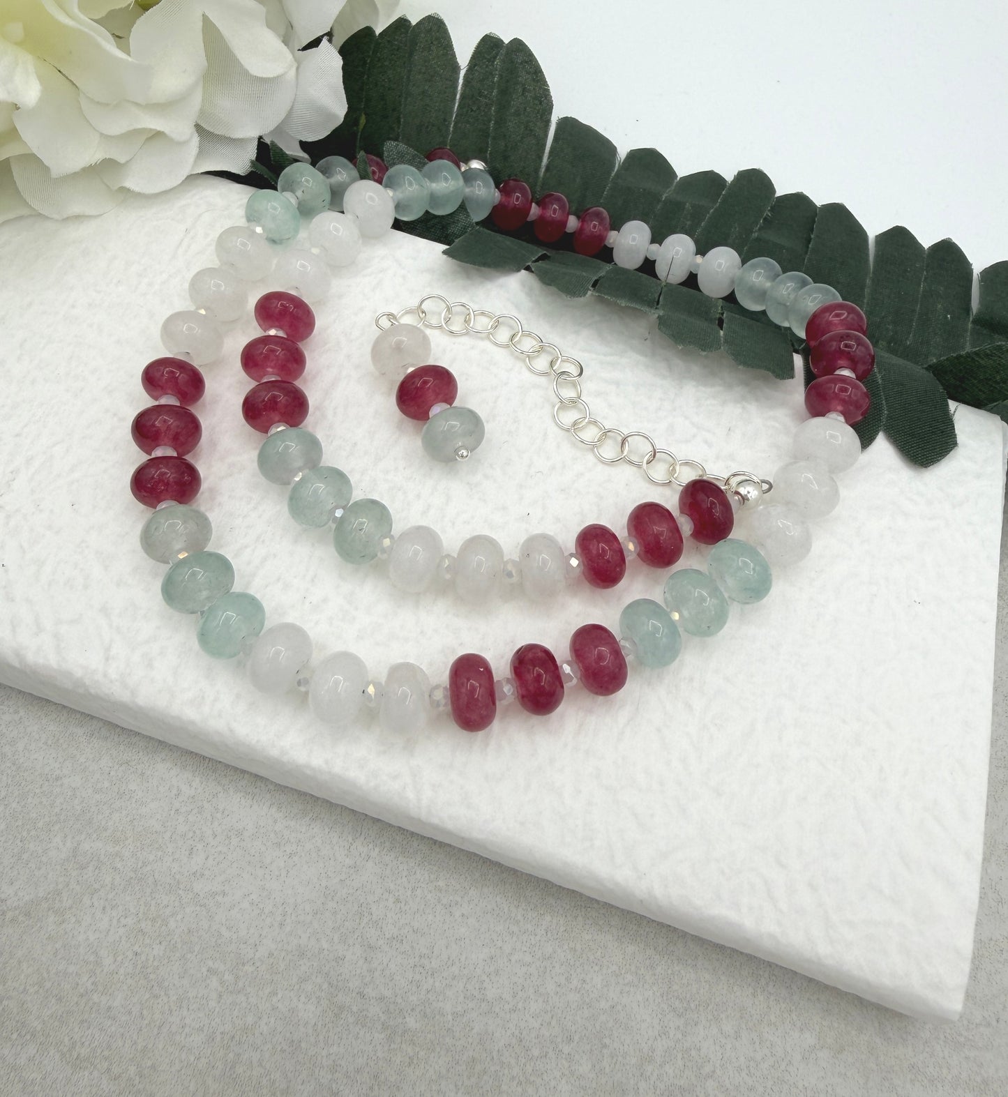 Necklace with White, PInk and Blue Jade Beads and Crystal Spacers CDN-955