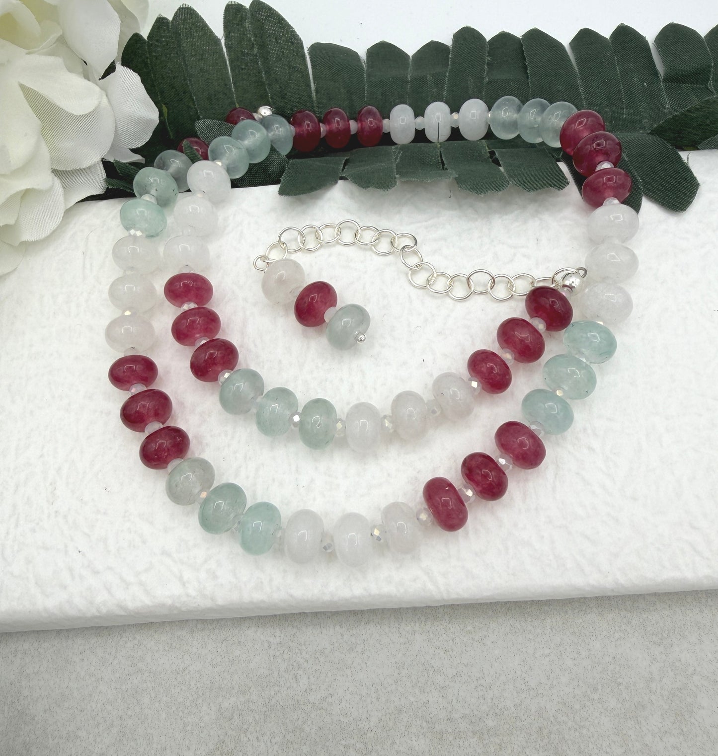 Necklace with White, PInk and Blue Jade Beads and Crystal Spacers CDN-955
