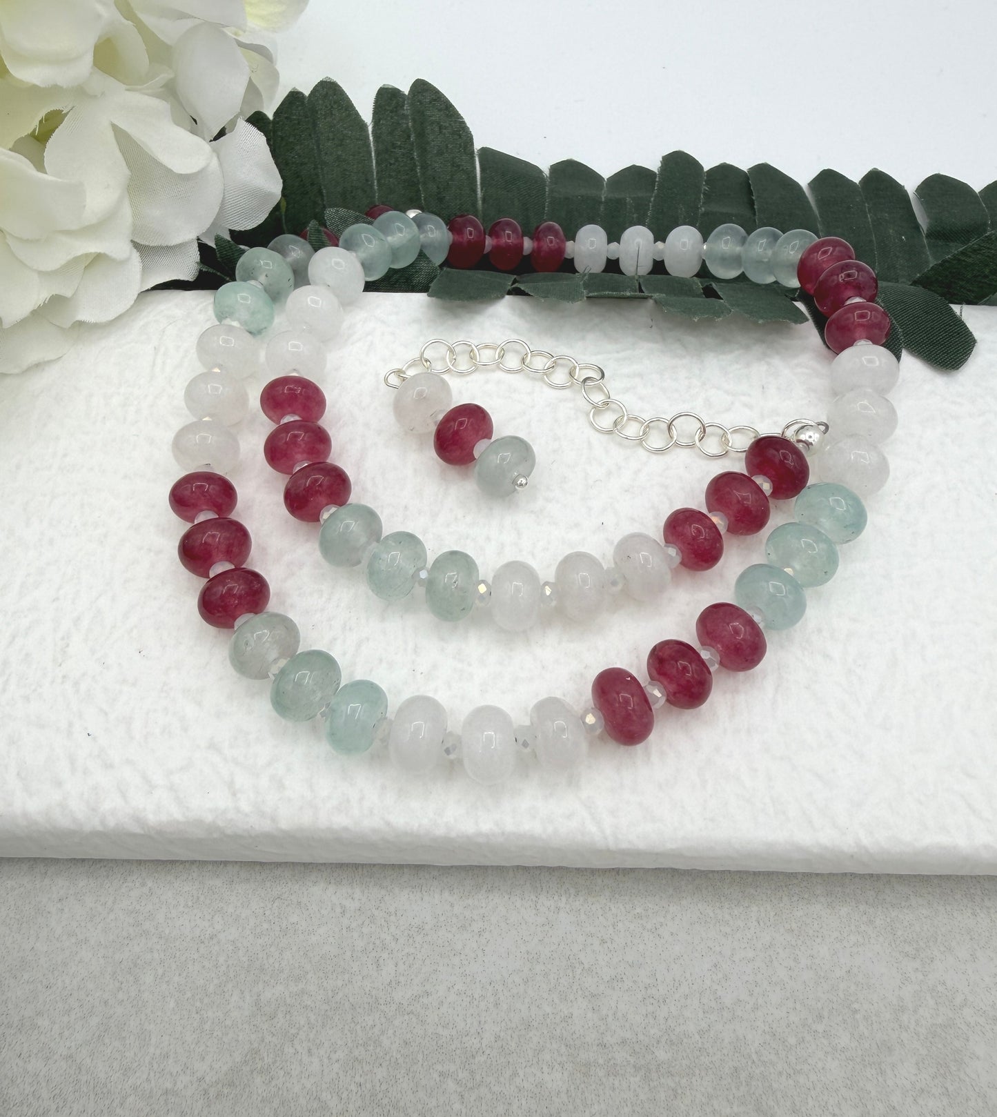 Necklace with White, PInk and Blue Jade Beads and Crystal Spacers CDN-955