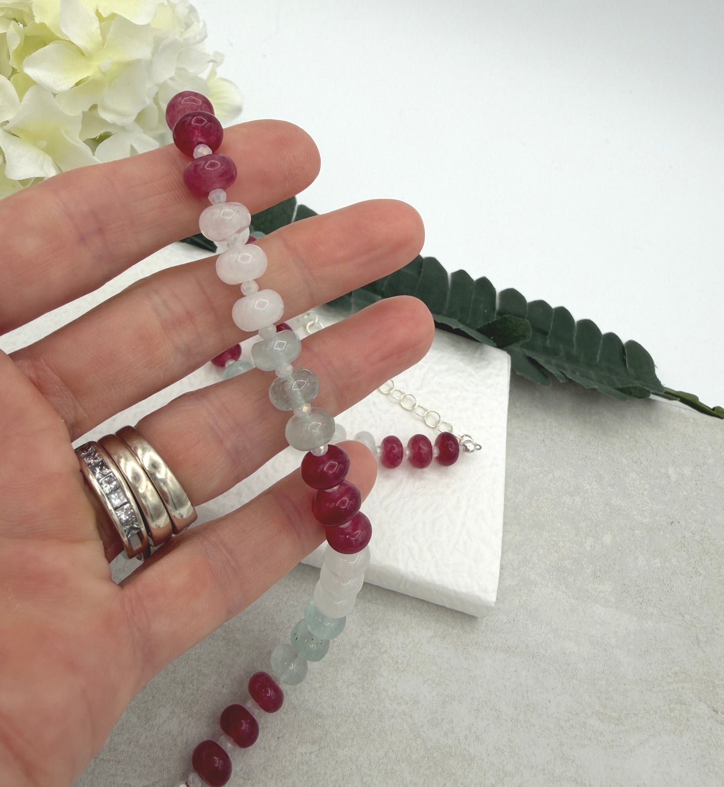 Necklace with White, PInk and Blue Jade Beads and Crystal Spacers CDN-955