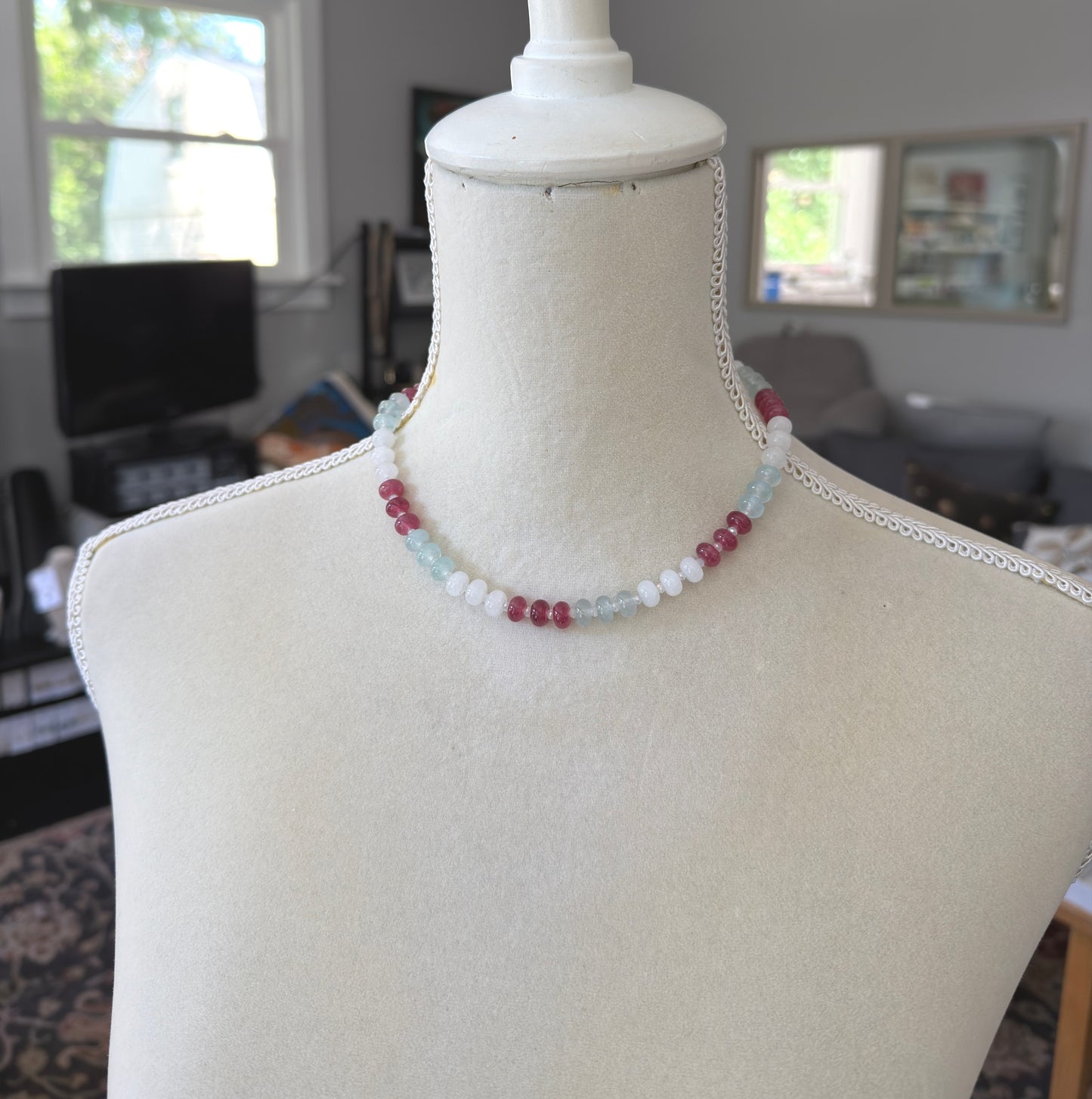 Necklace with White, PInk and Blue Jade Beads and Crystal Spacers CDN-955