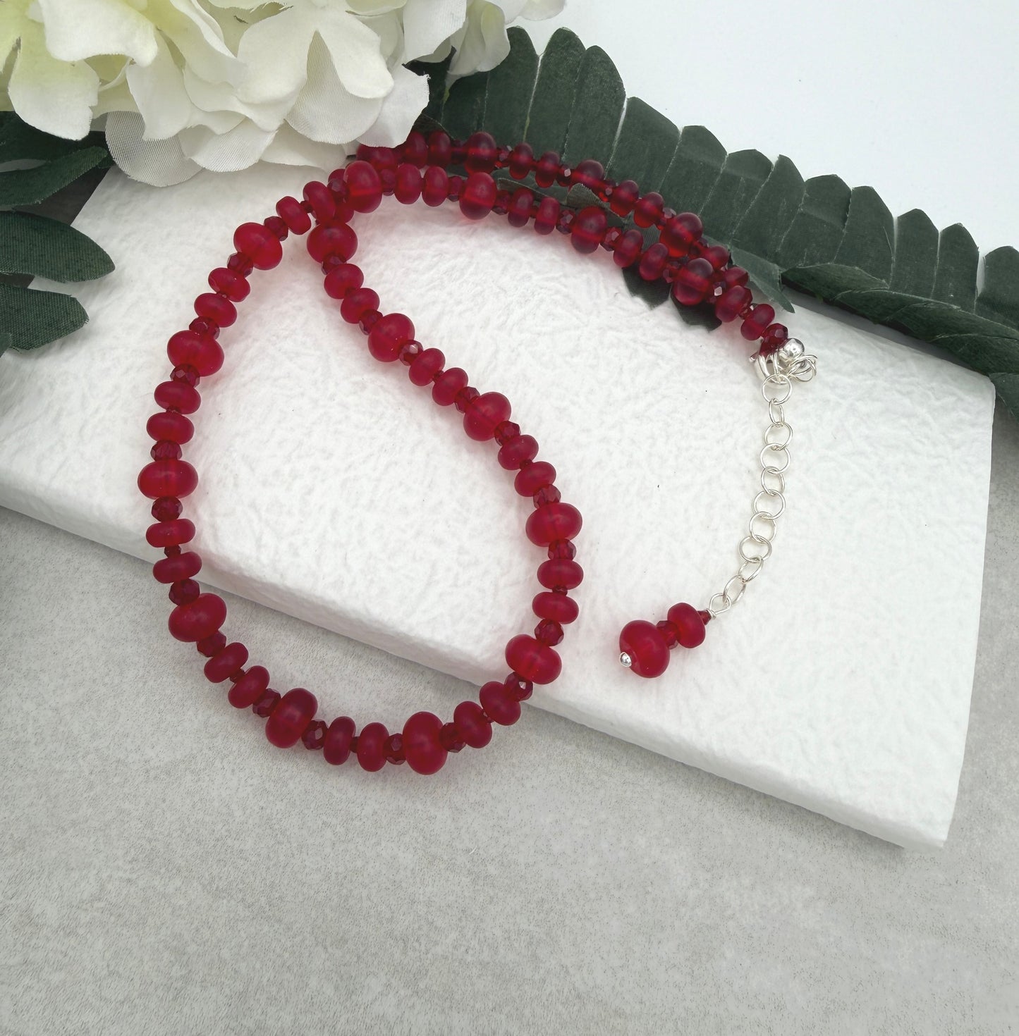 Beaded Necklace with Frosted, Red Glass and Red Crystal Beads CDN-956
