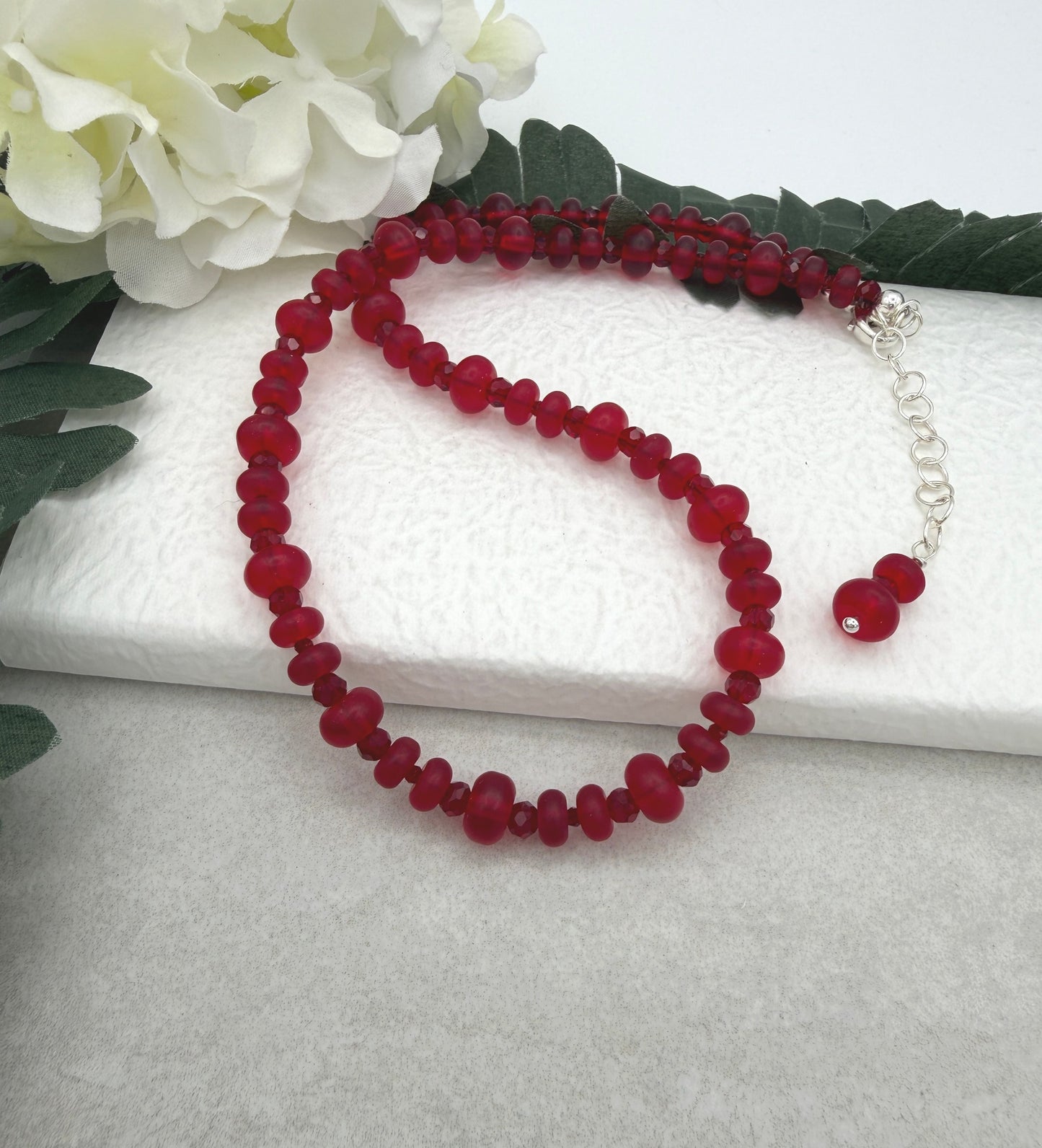 Beaded Necklace with Frosted, Red Glass and Red Crystal Beads CDN-956