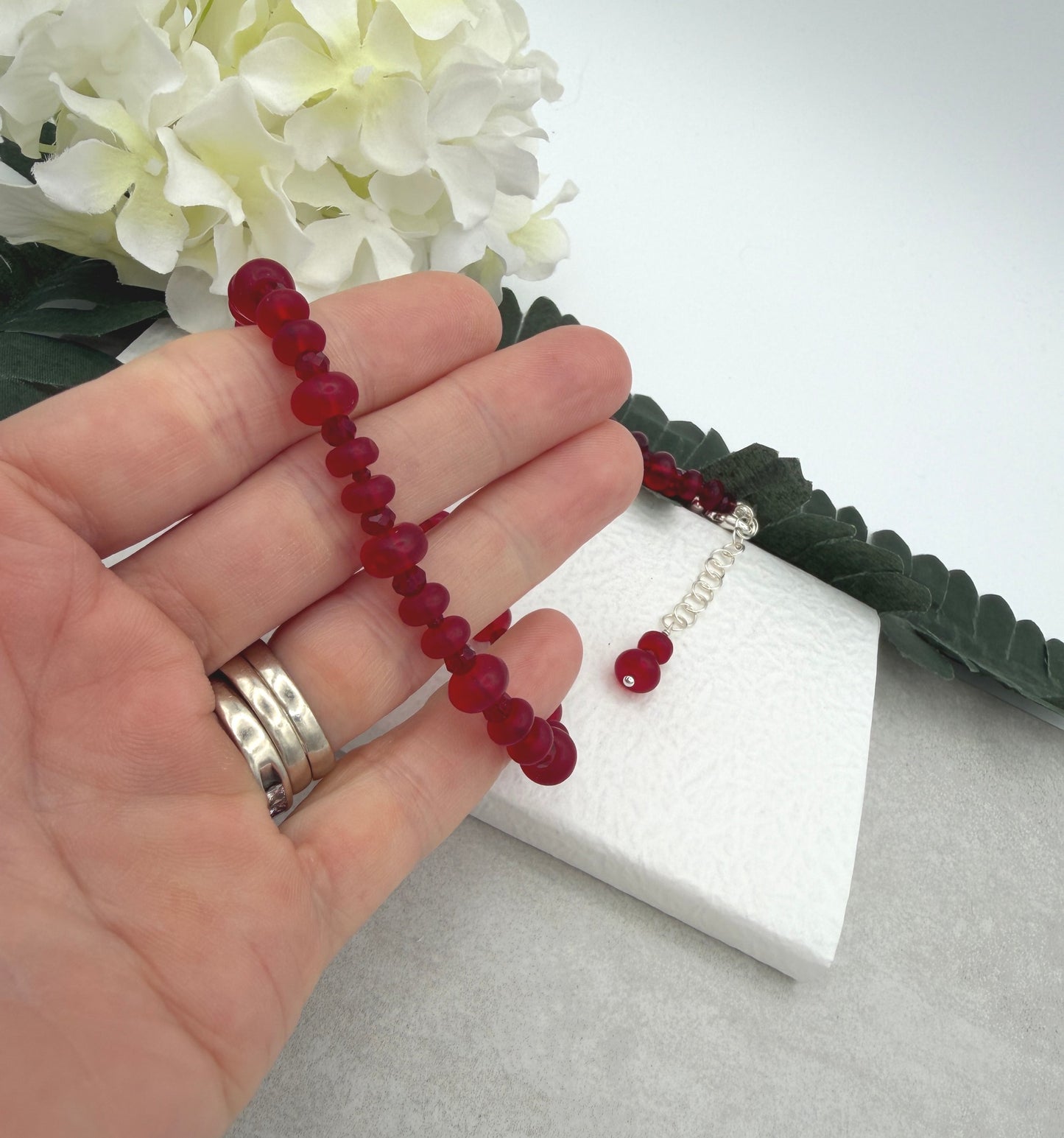 Beaded Necklace with Frosted, Red Glass and Red Crystal Beads CDN-956