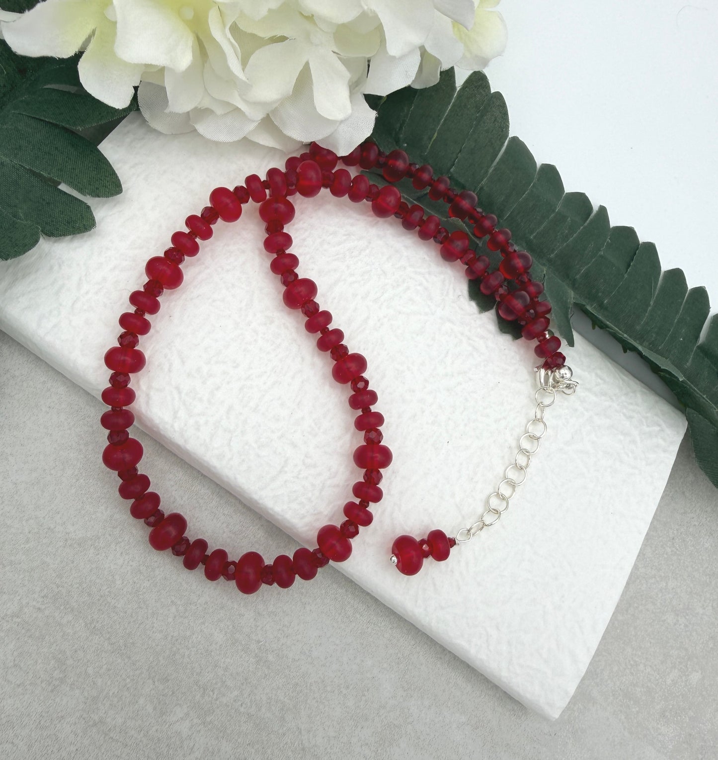 Beaded Necklace with Frosted, Red Glass and Red Crystal Beads CDN-956