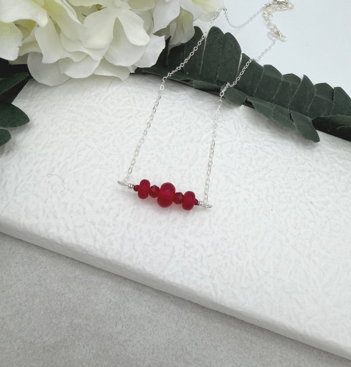 Necklace with Frosted, Red Glass and Red Crystal Beads CDN-957