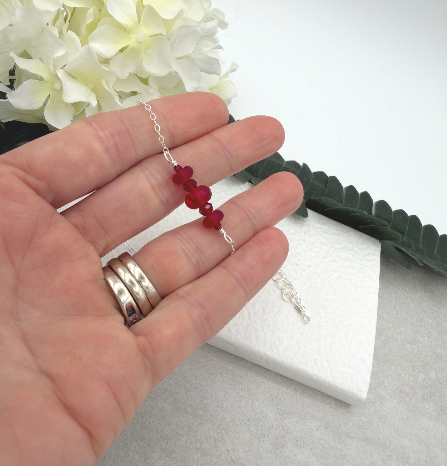 Necklace with Frosted, Red Glass and Red Crystal Beads CDN-957