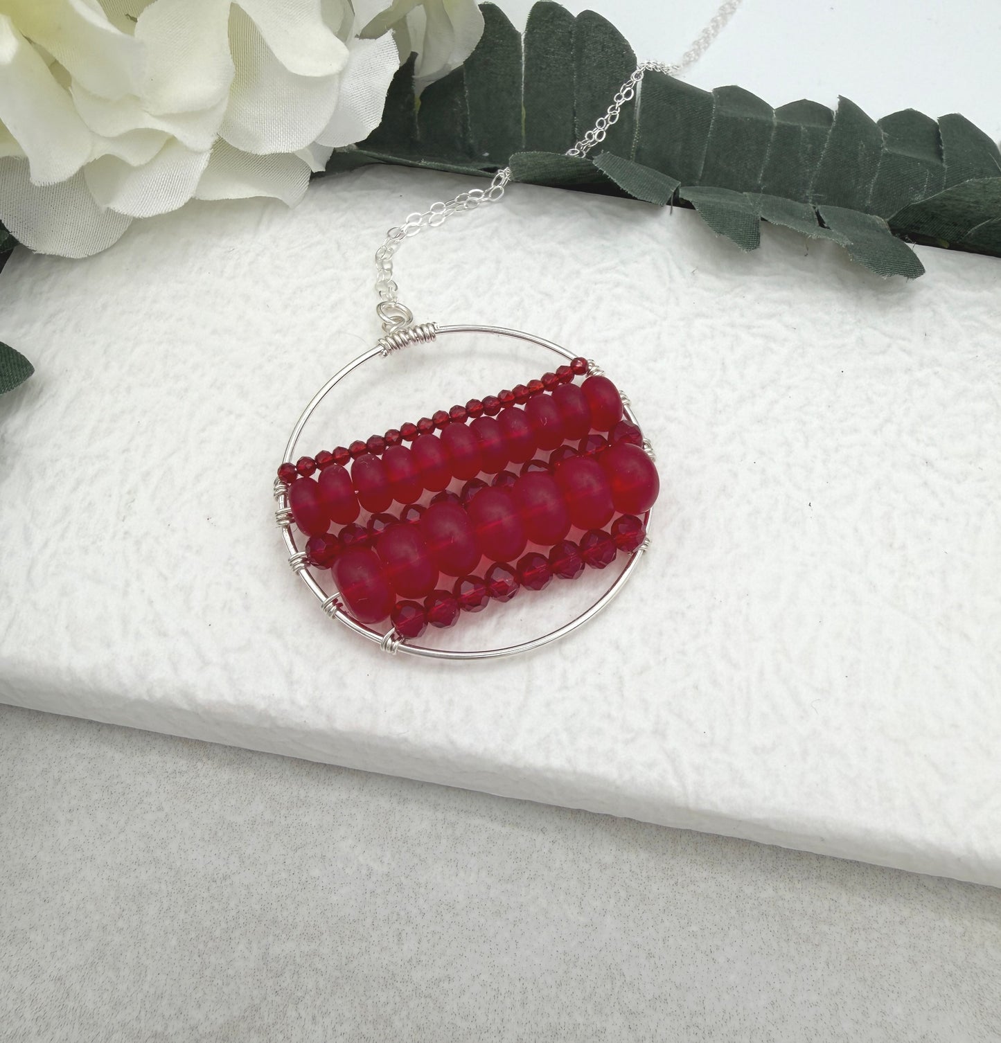 Necklace with a Wire Wrapped Pendant with Frosted, Red Glass and Red Crystal Beads CDN-958