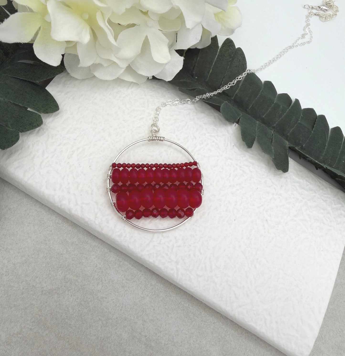 Necklace with a Wire Wrapped Pendant with Frosted, Red Glass and Red Crystal Beads CDN-958