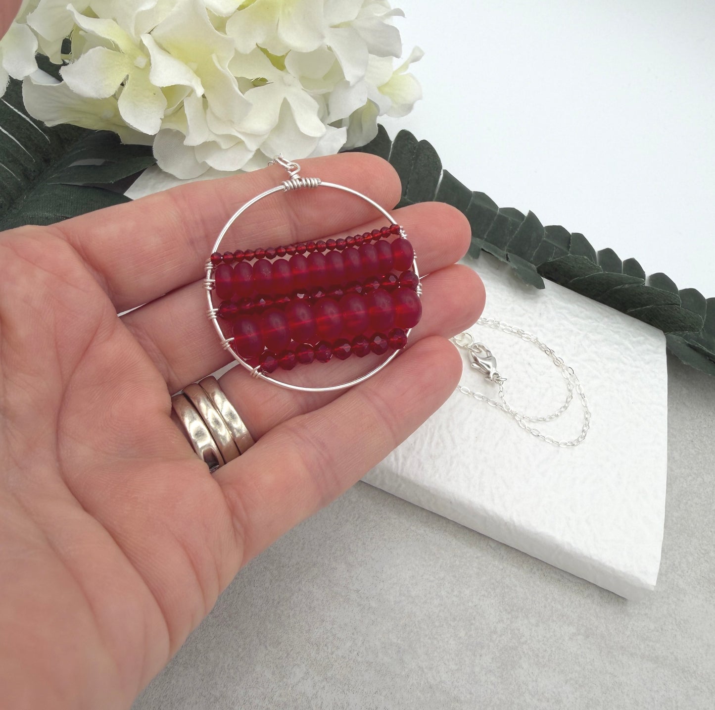 Necklace with a Wire Wrapped Pendant with Frosted, Red Glass and Red Crystal Beads CDN-958