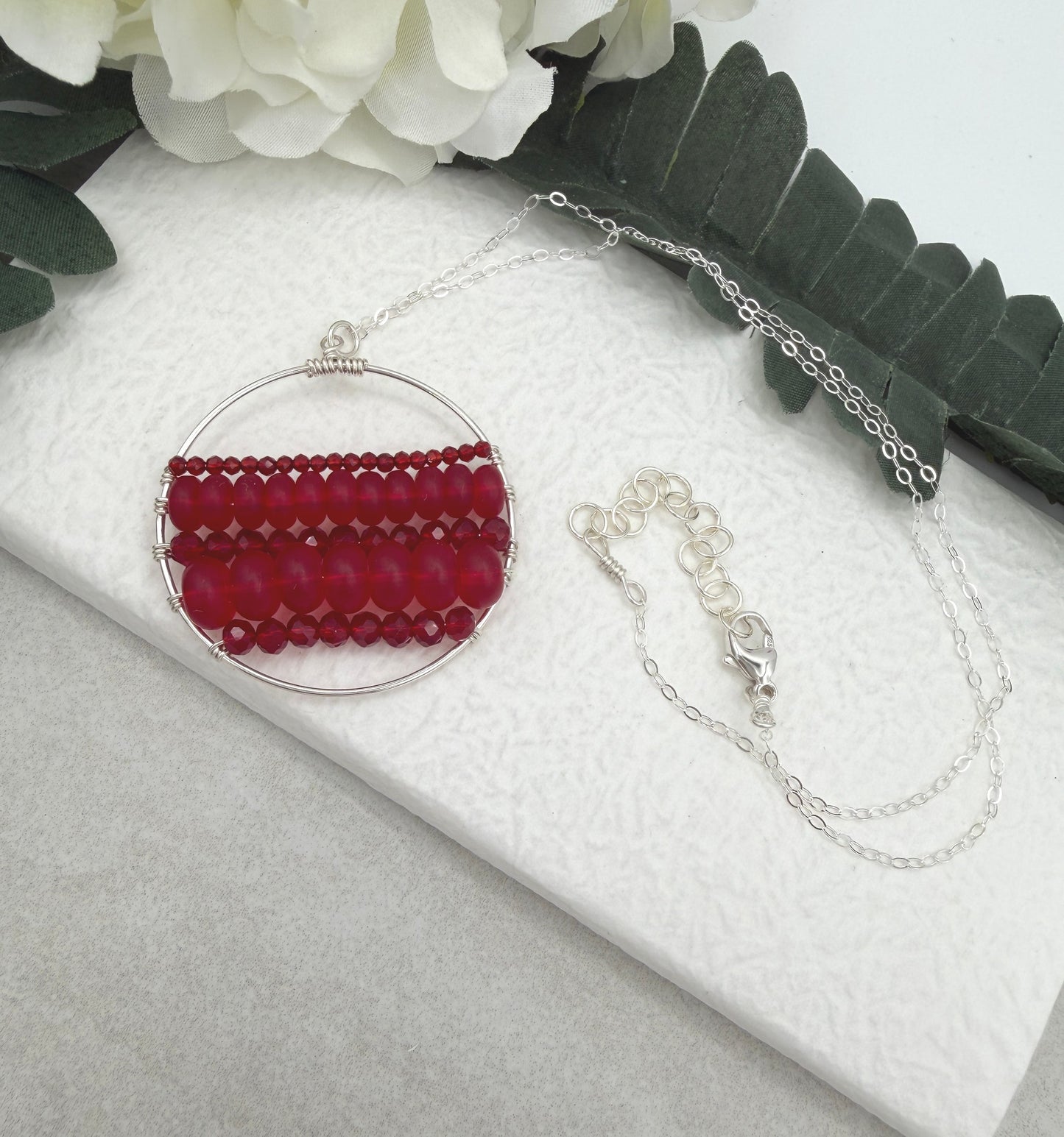 Necklace with a Wire Wrapped Pendant with Frosted, Red Glass and Red Crystal Beads CDN-958