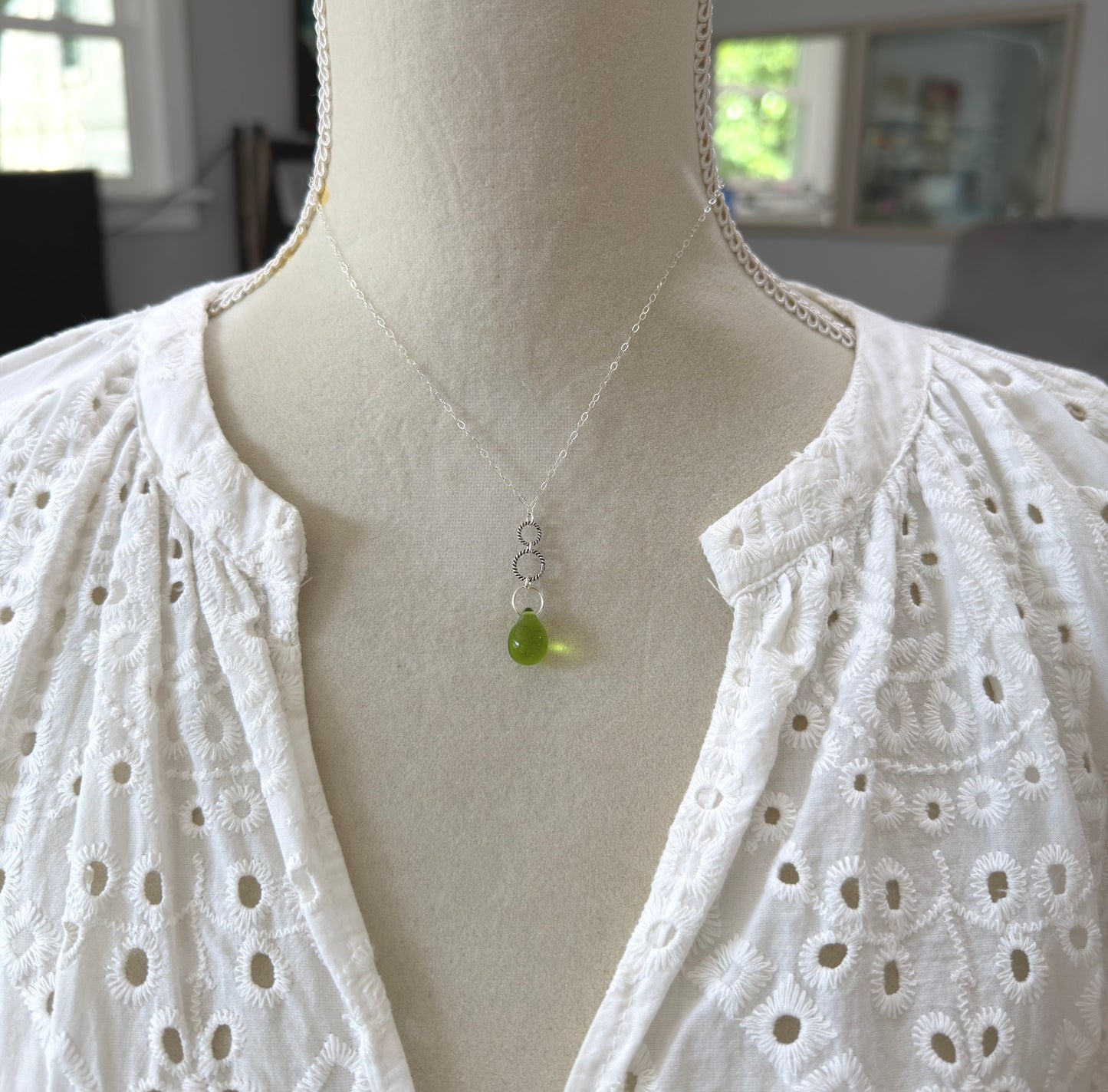 Necklace with a Green Glass Teardrop, Oxidzied Braided Loops and a Sterling Silver Loops CDN-962