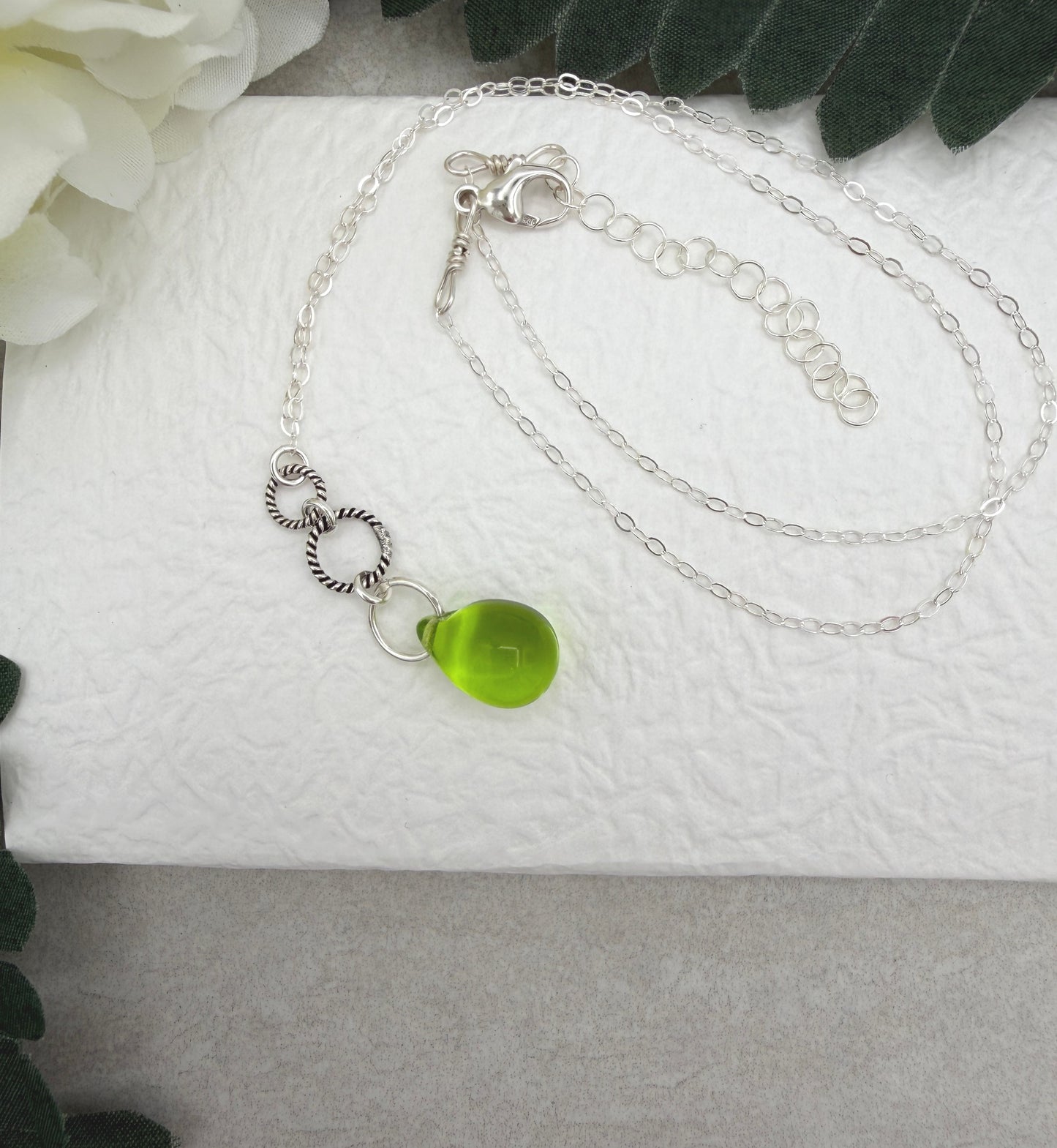 Necklace with a Green Glass Teardrop, Oxidzied Braided Loops and a Sterling Silver Loops CDN-962