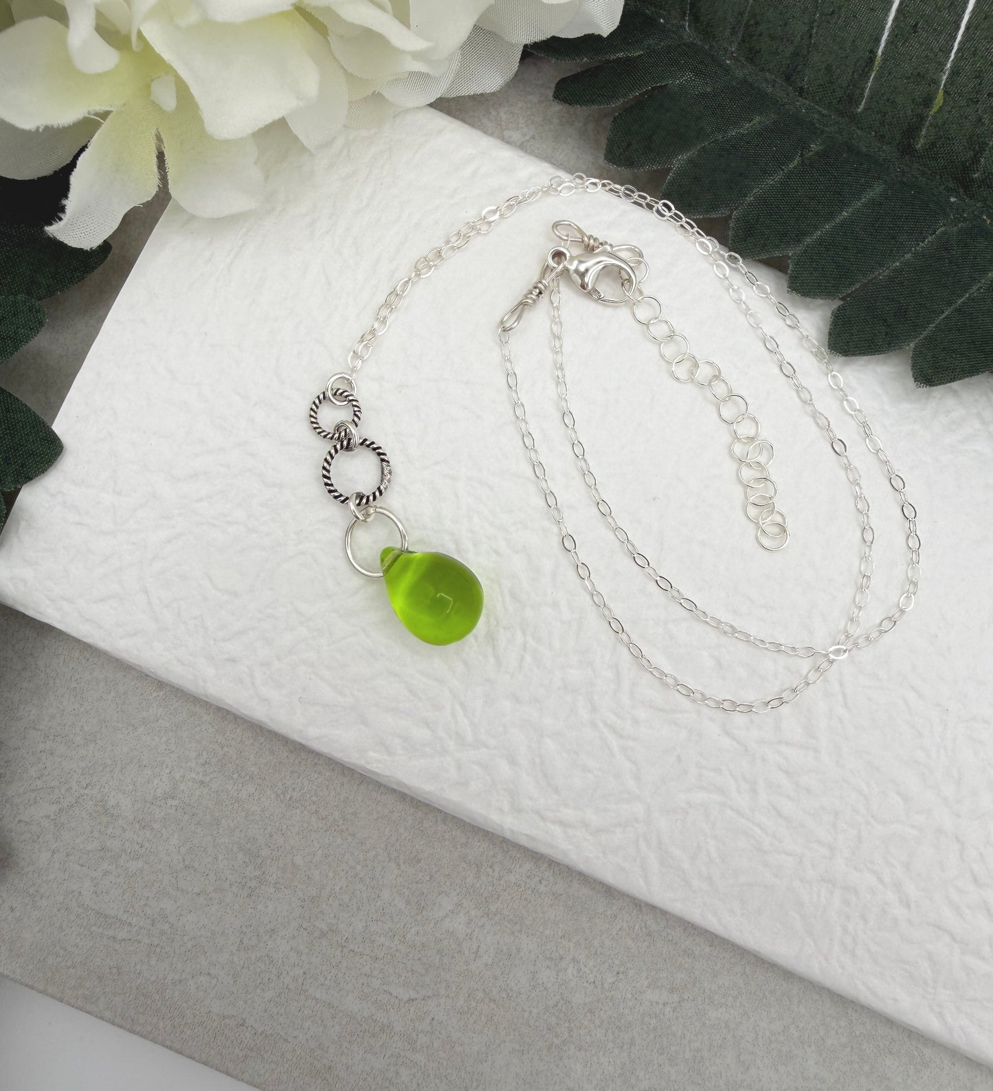 Necklace with a Green Glass Teardrop, Oxidzied Braided Loops and a Sterling Silver Loops CDN-962