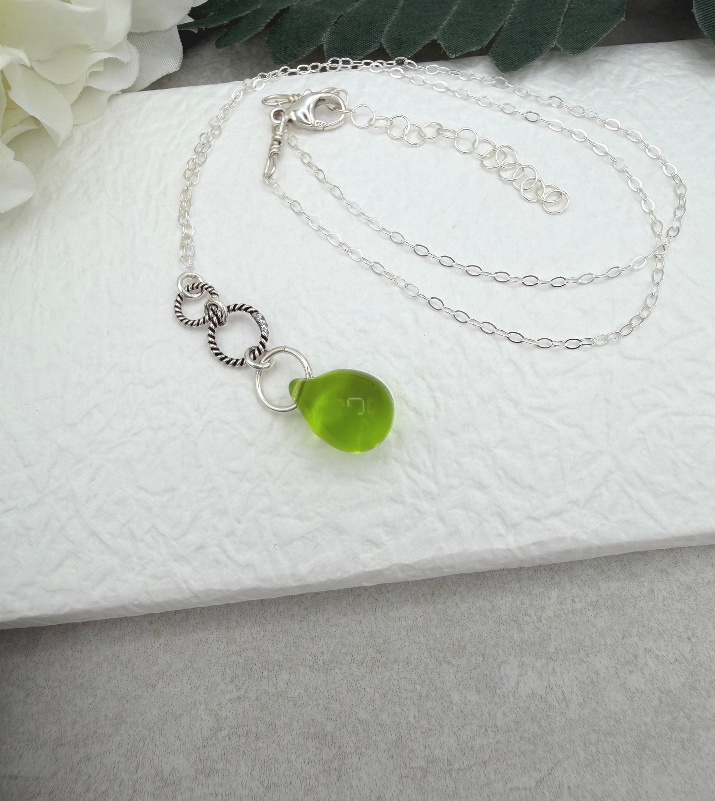 Necklace with a Green Glass Teardrop, Oxidzied Braided Loops and a Sterling Silver Loops CDN-962