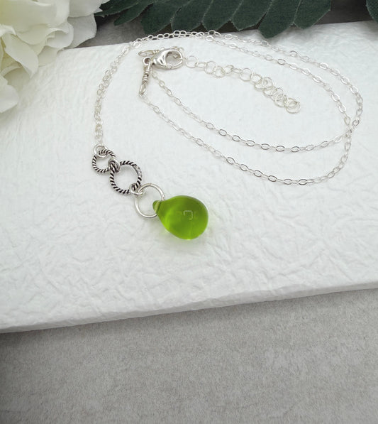 Necklace with a Green Glass Teardrop, Oxidzied Braided Loops and a Sterling Silver Loops CDN-962