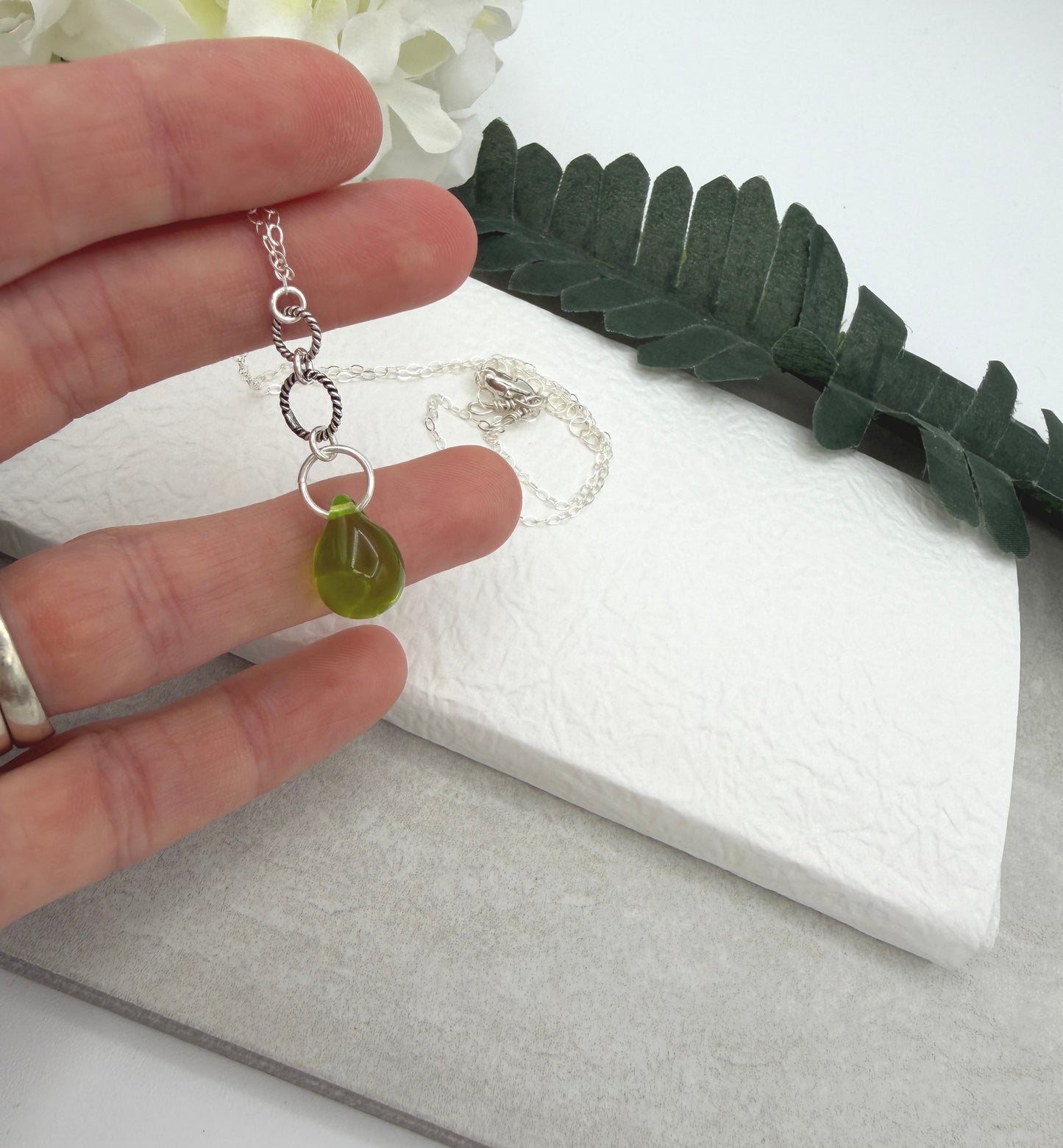 Necklace with a Green Glass Teardrop, Oxidzied Braided Loops and a Sterling Silver Loops CDN-962