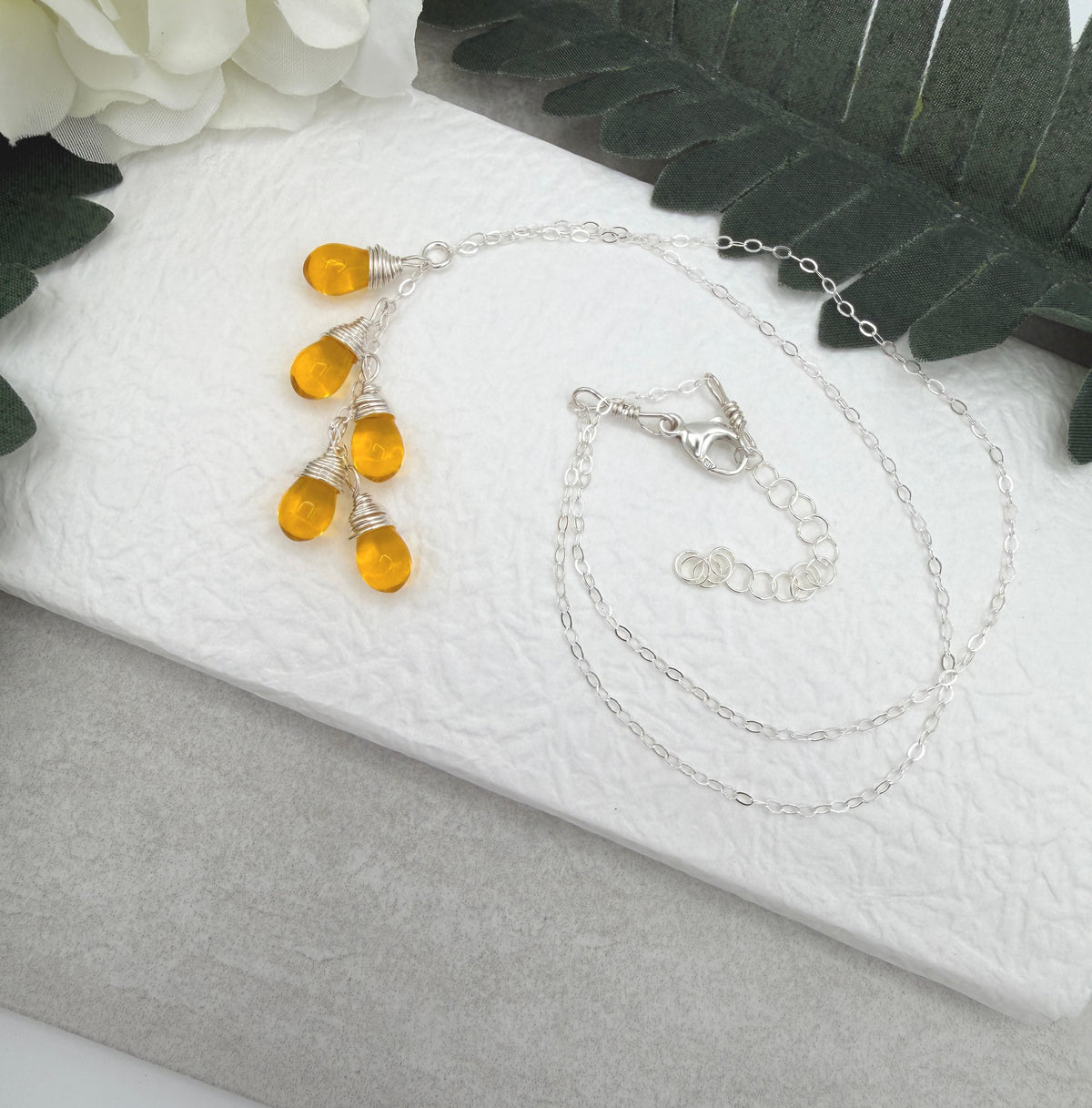 Necklace with a Cascade of Yellow Glass Teardrops CDN-963