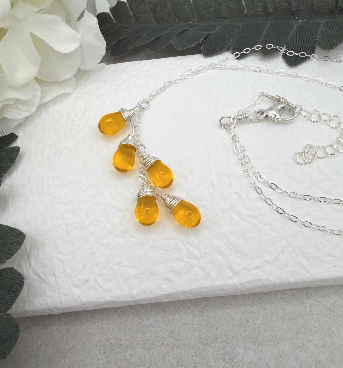 Necklace with a Cascade of Yellow Glass Teardrops CDN-963