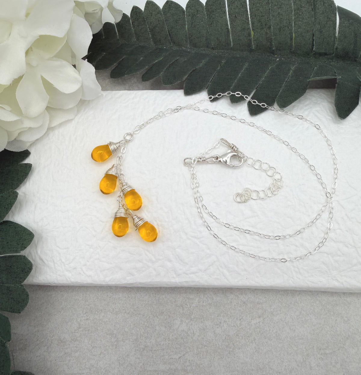 Necklace with a Cascade of Yellow Glass Teardrops CDN-963