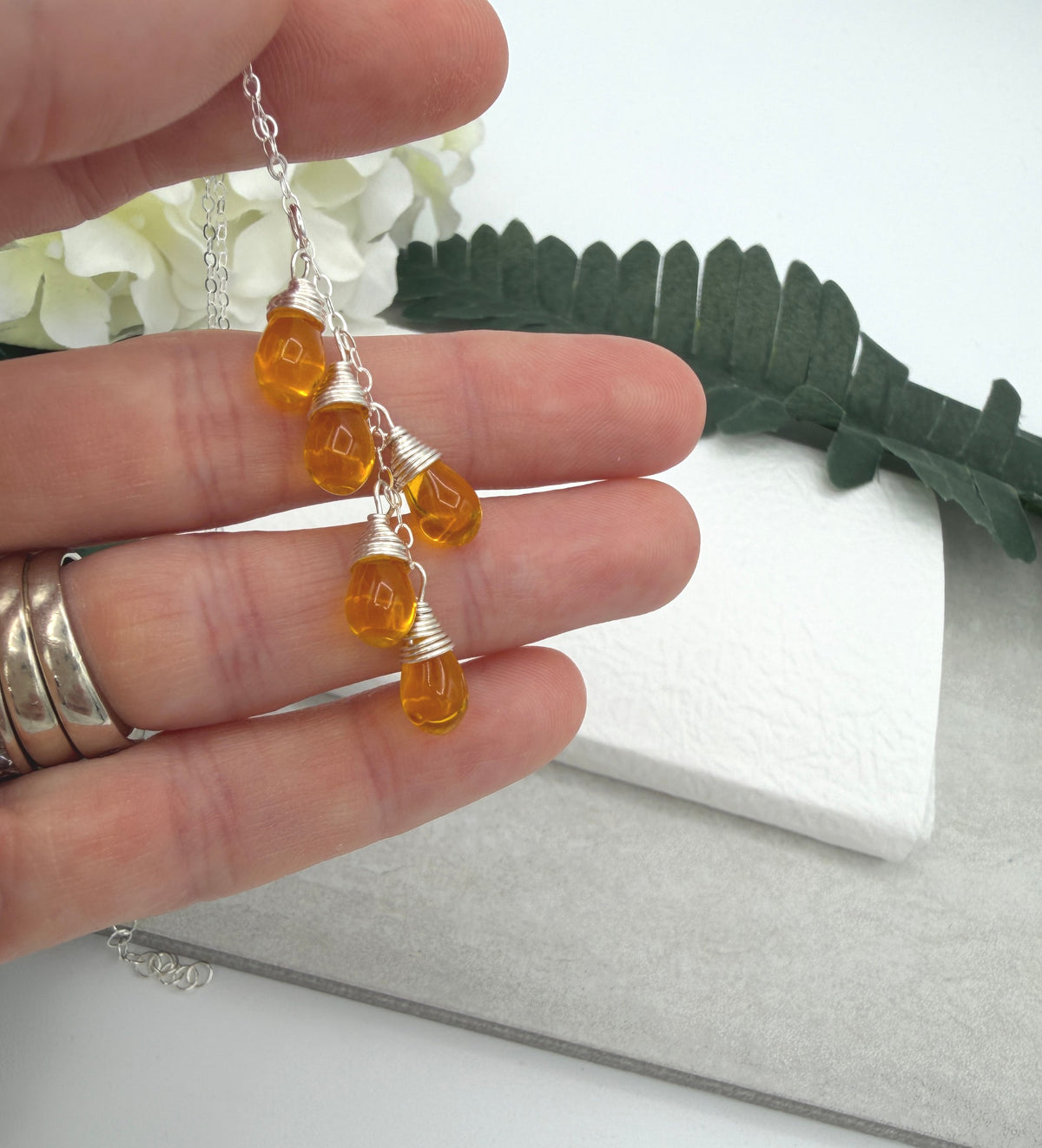 Necklace with a Cascade of Yellow Glass Teardrops CDN-963