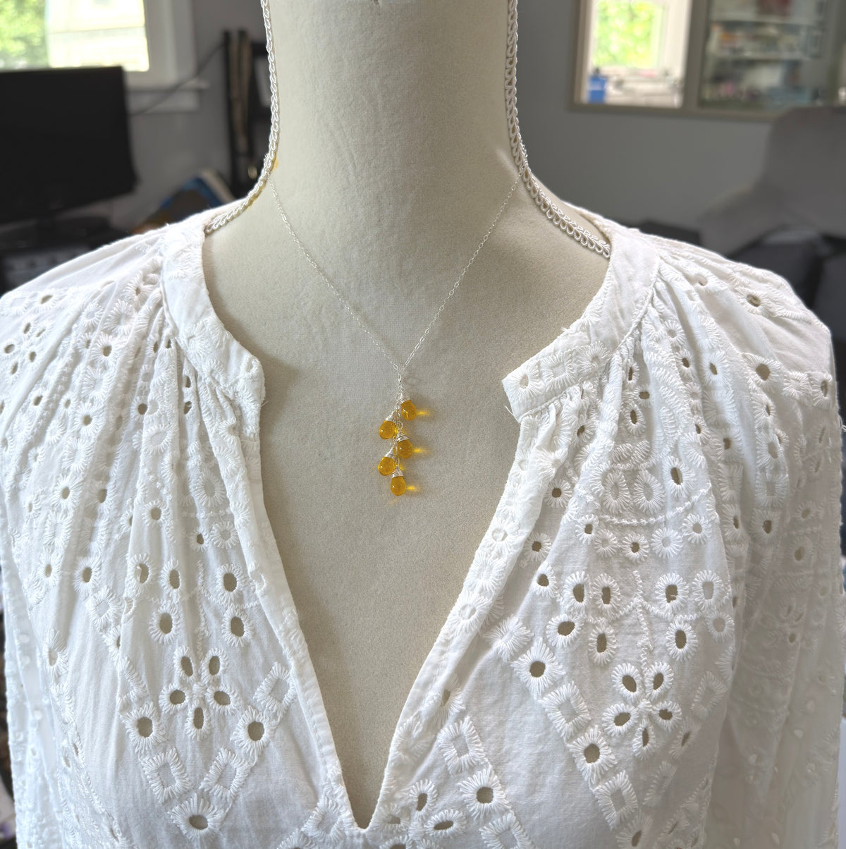 Necklace with a Cascade of Yellow Glass Teardrops CDN-963