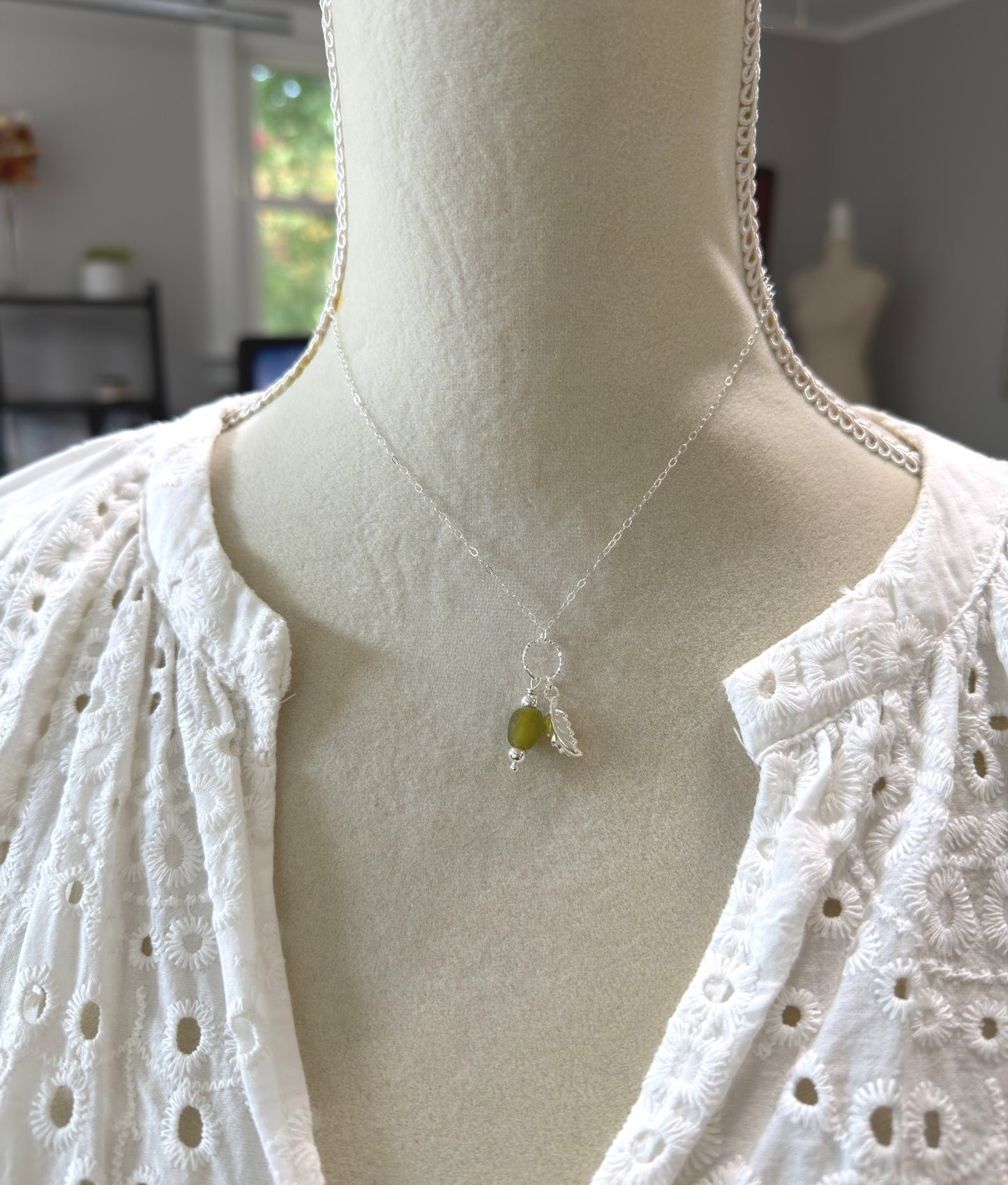 Necklace with Green, Recycled Frosted Glass, Sterling Silver Leaf Charm and Sterling Silver Beads CDN-964