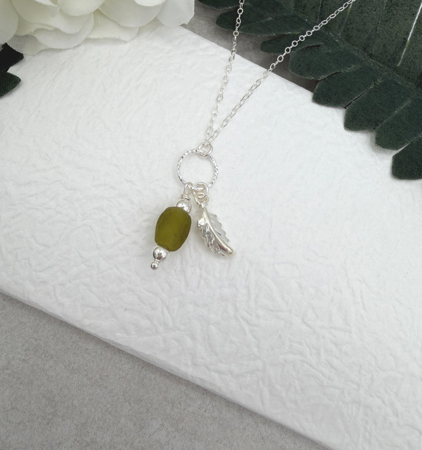 Necklace with Green, Recycled Frosted Glass, Sterling Silver Leaf Charm and Sterling Silver Beads CDN-964