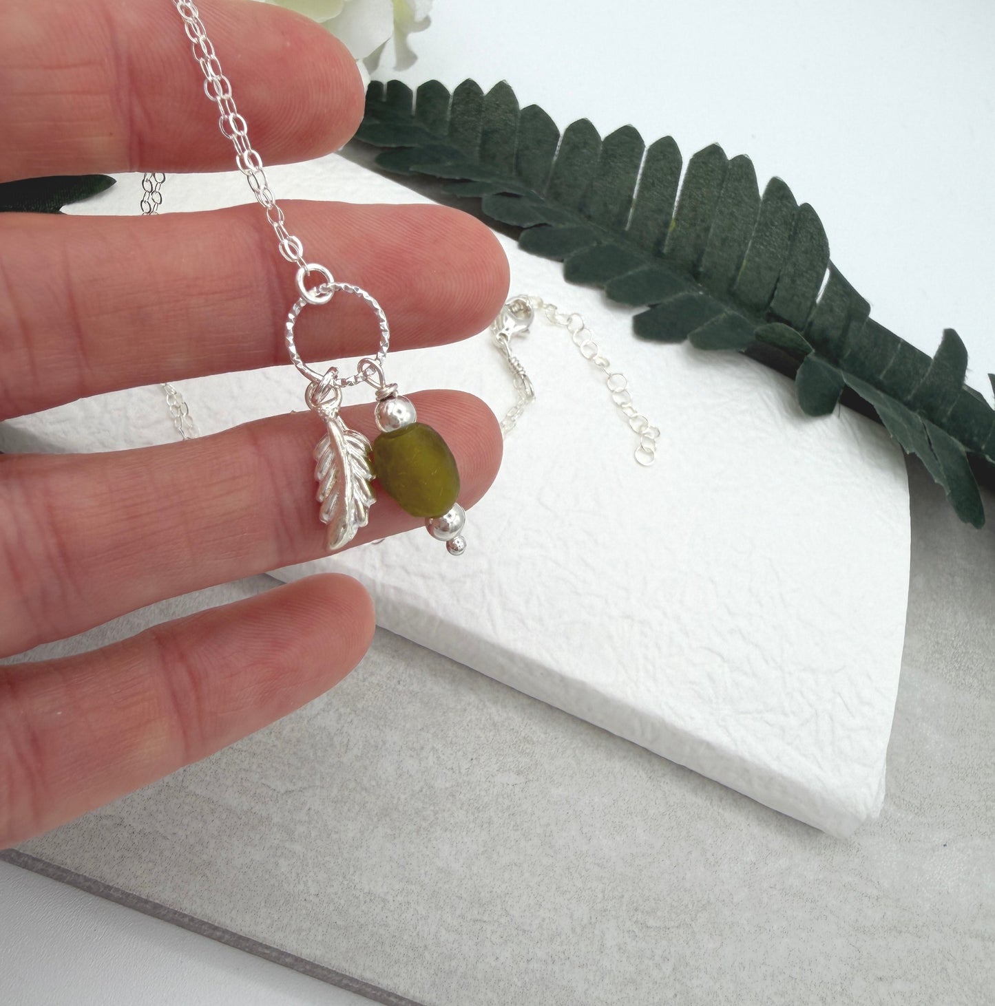 Necklace with Green, Recycled Frosted Glass, Sterling Silver Leaf Charm and Sterling Silver Beads CDN-964