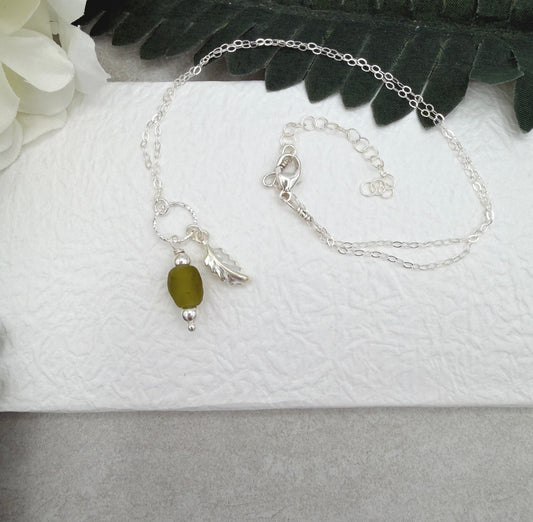 Necklace with Green, Recycled Frosted Glass, Sterling Silver Leaf Charm and Sterling Silver Beads CDN-964