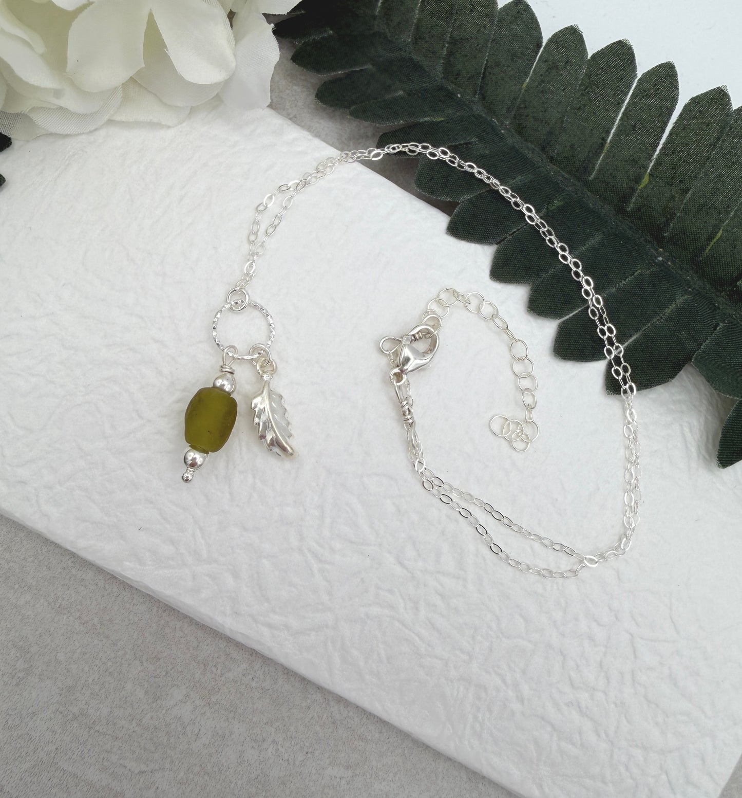 Necklace with Green, Recycled Frosted Glass, Sterling Silver Leaf Charm and Sterling Silver Beads CDN-964