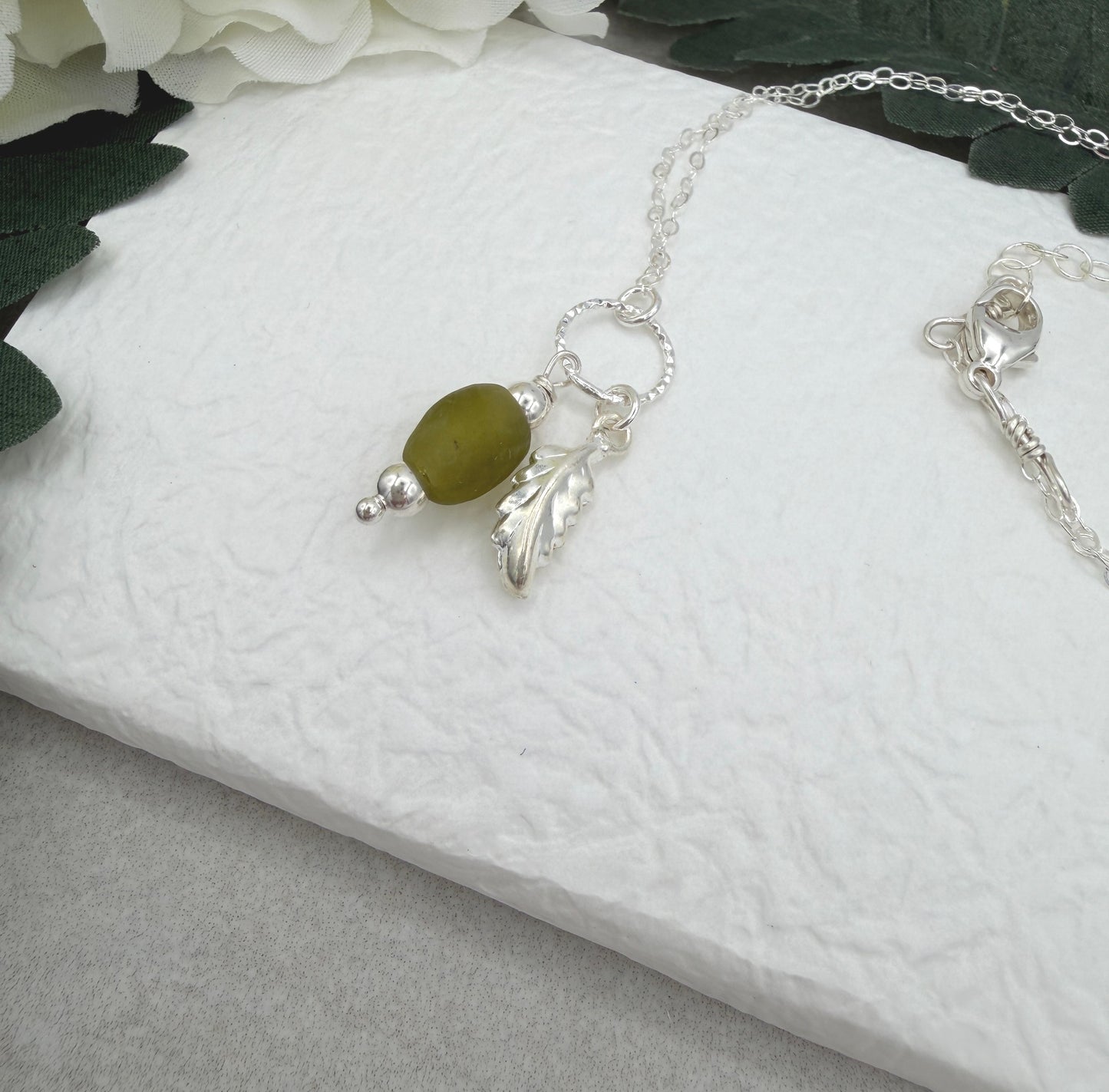 Necklace with Green, Recycled Frosted Glass, Sterling Silver Leaf Charm and Sterling Silver Beads CDN-964