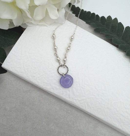 Necklace with Sterling Silver Beads, A Braided Loop and a Purple Glass Disc Bead CDN-965