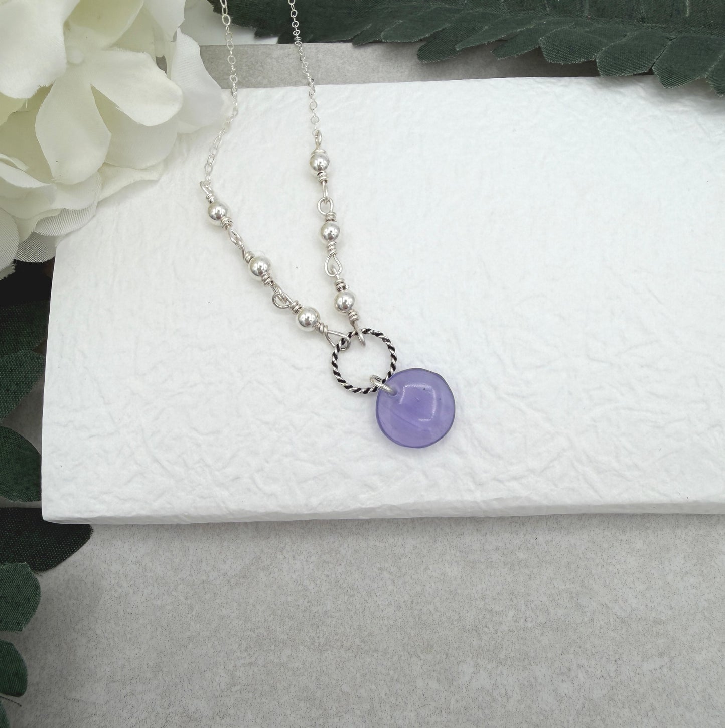 Necklace with Sterling Silver Beads, A Braided Loop and a Purple Glass Disc Bead CDN-965
