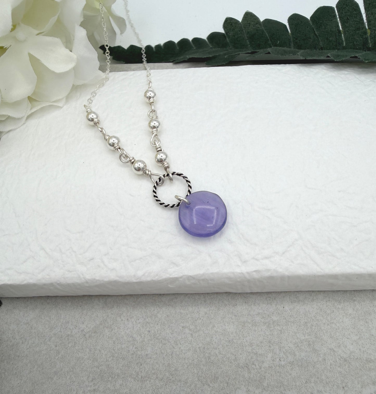 Necklace with Sterling Silver Beads, A Braided Loop and a Purple Glass Disc Bead CDN-965