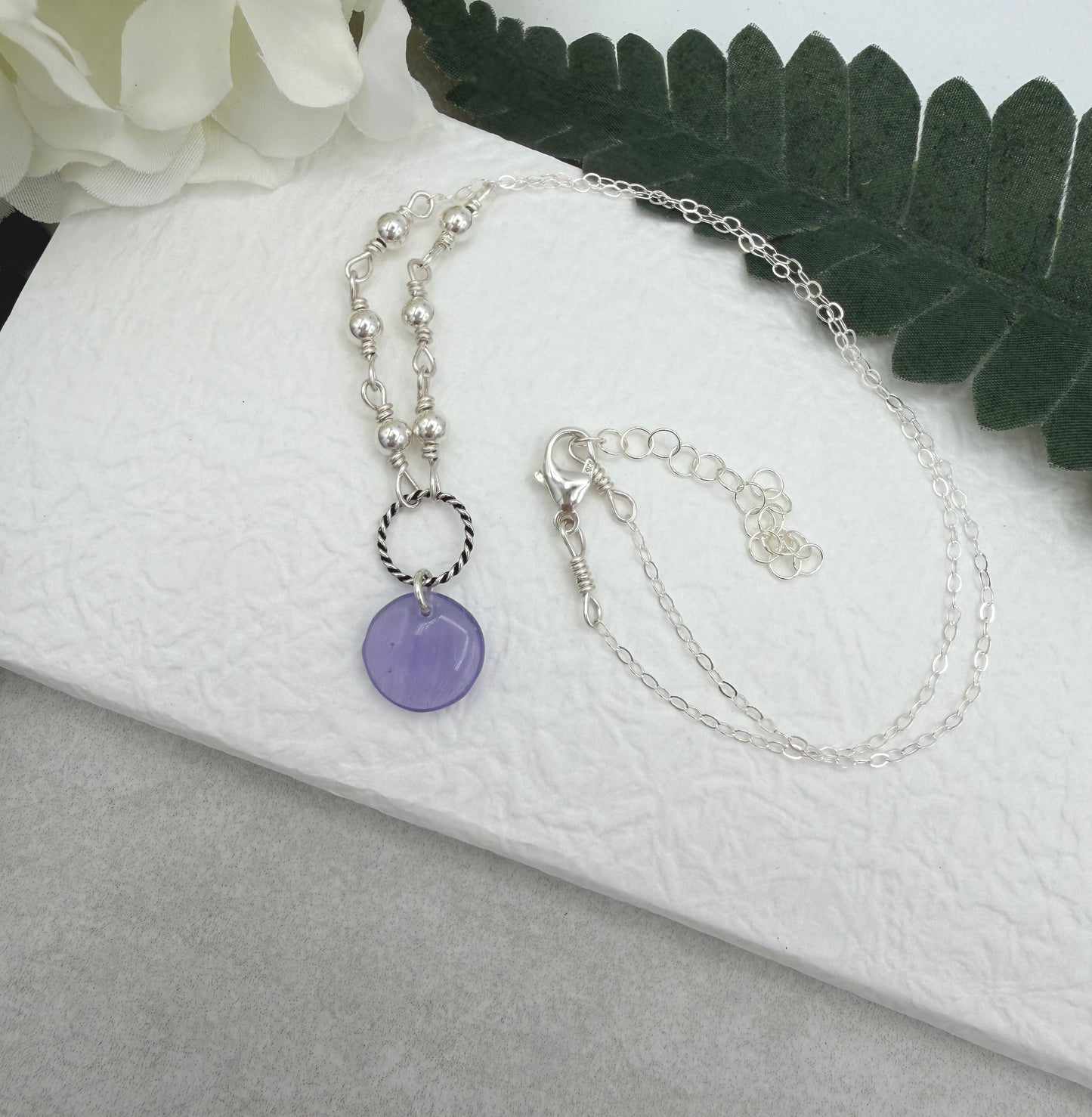 Necklace with Sterling Silver Beads, A Braided Loop and a Purple Glass Disc Bead CDN-965