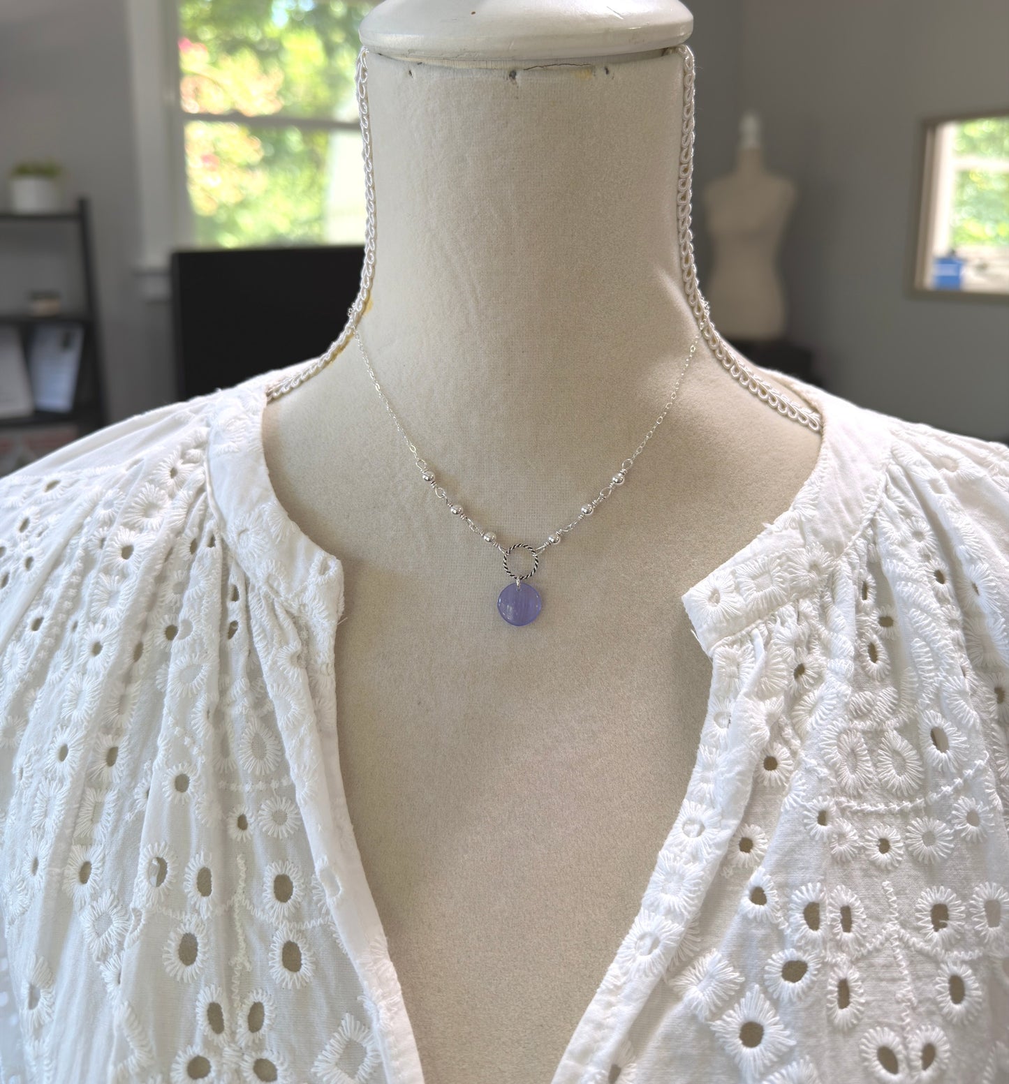 Necklace with Sterling Silver Beads, A Braided Loop and a Purple Glass Disc Bead CDN-965