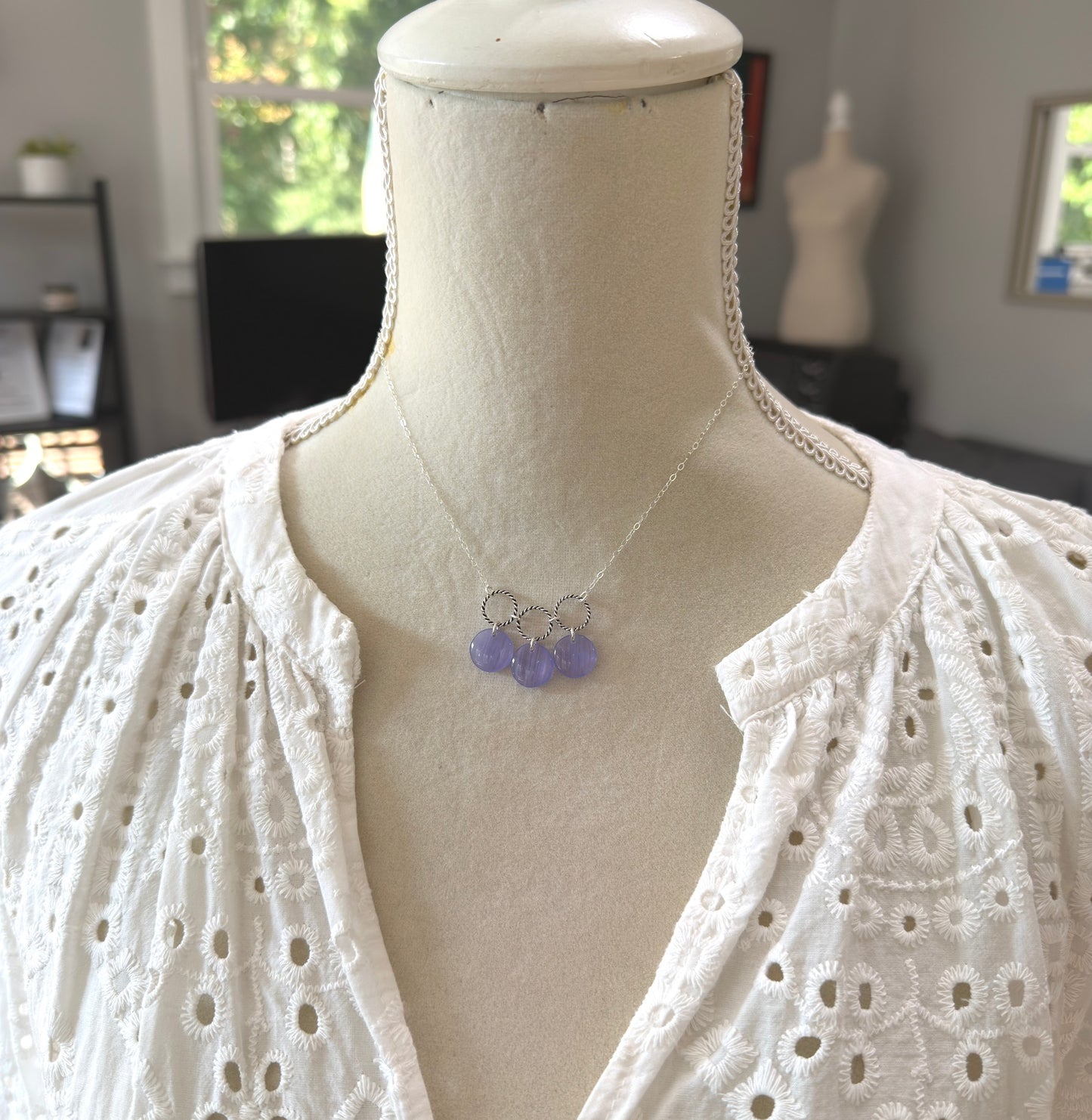 Necklace with Braided Loops and Purple Glass Disc Beads CDN-966