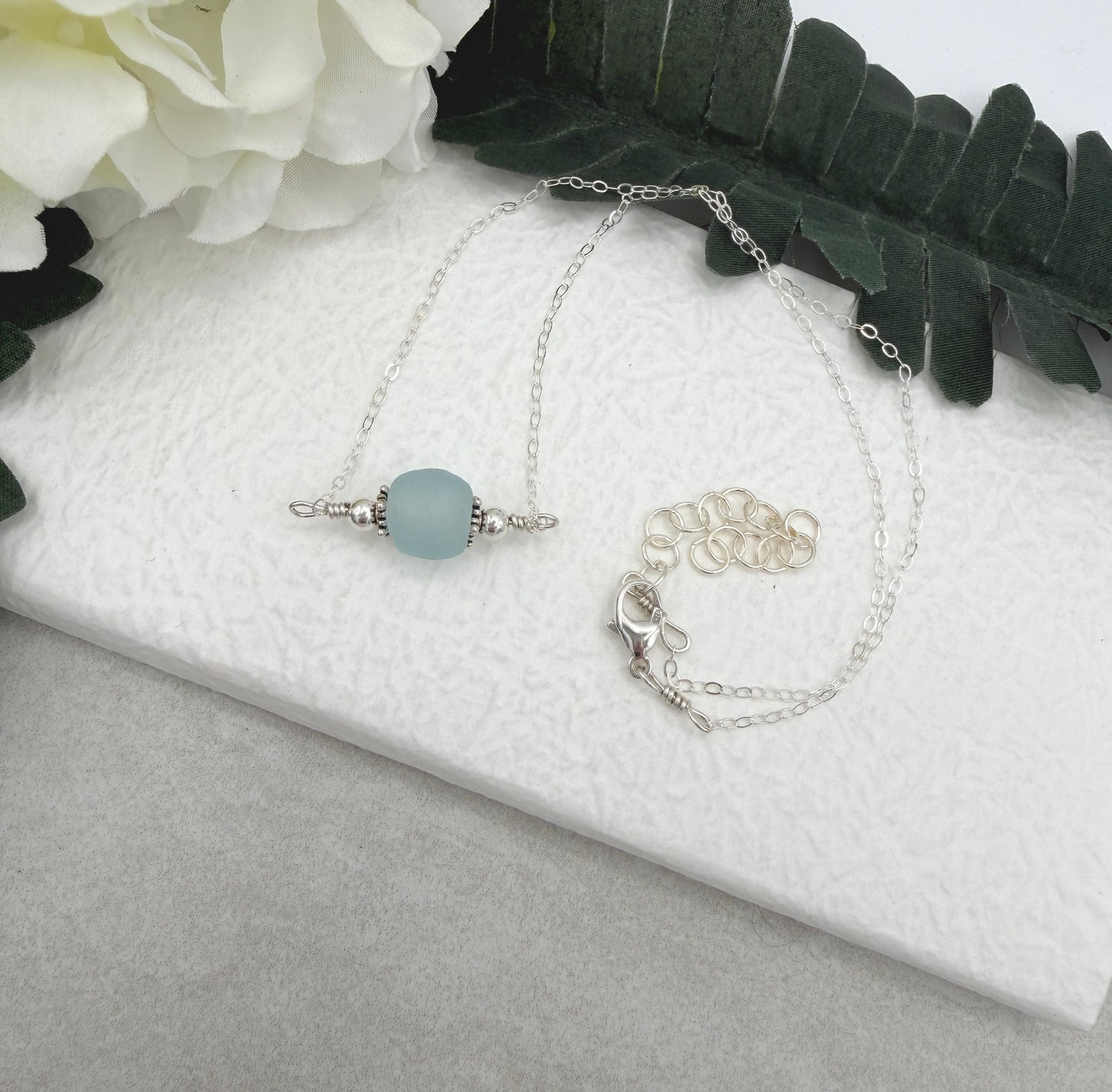 Necklace with Blue, Recycled Frosted Glass and Sterling Silver Beads CDN-947