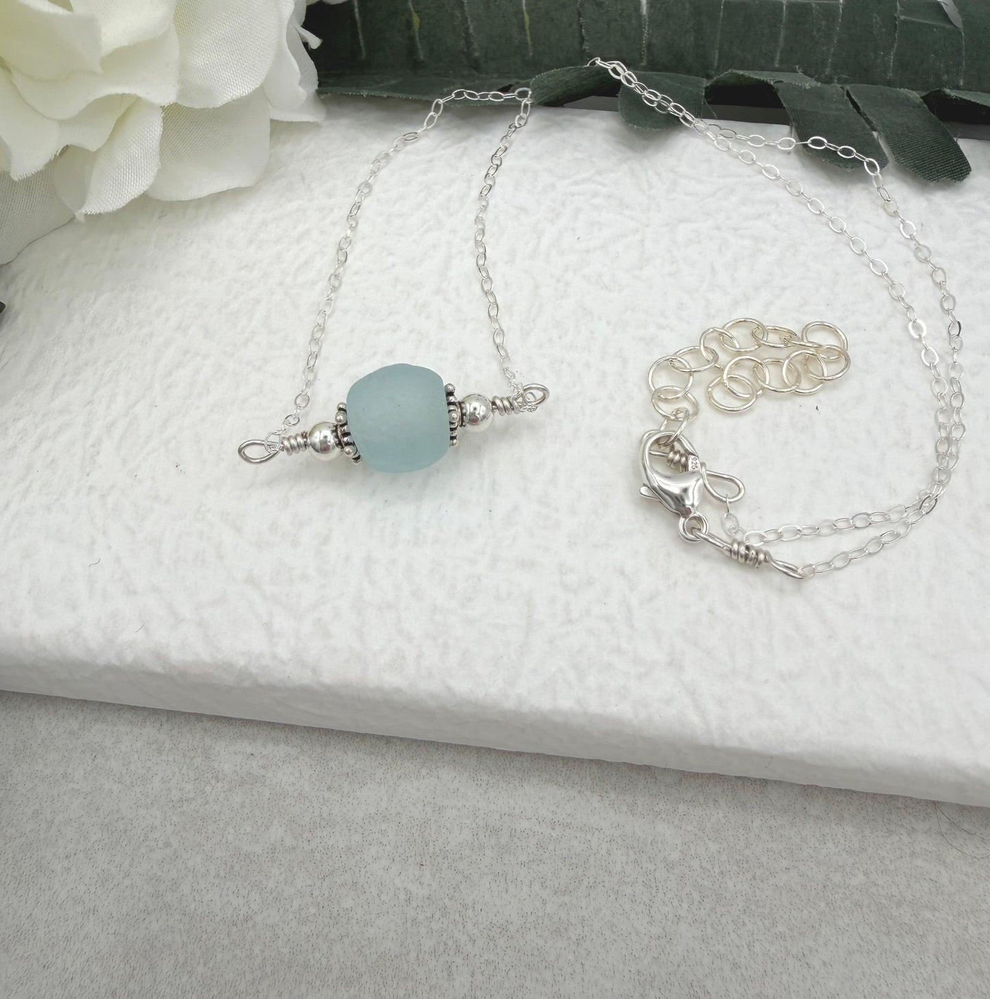 Necklace with Blue, Recycled Frosted Glass and Sterling Silver Beads CDN-947