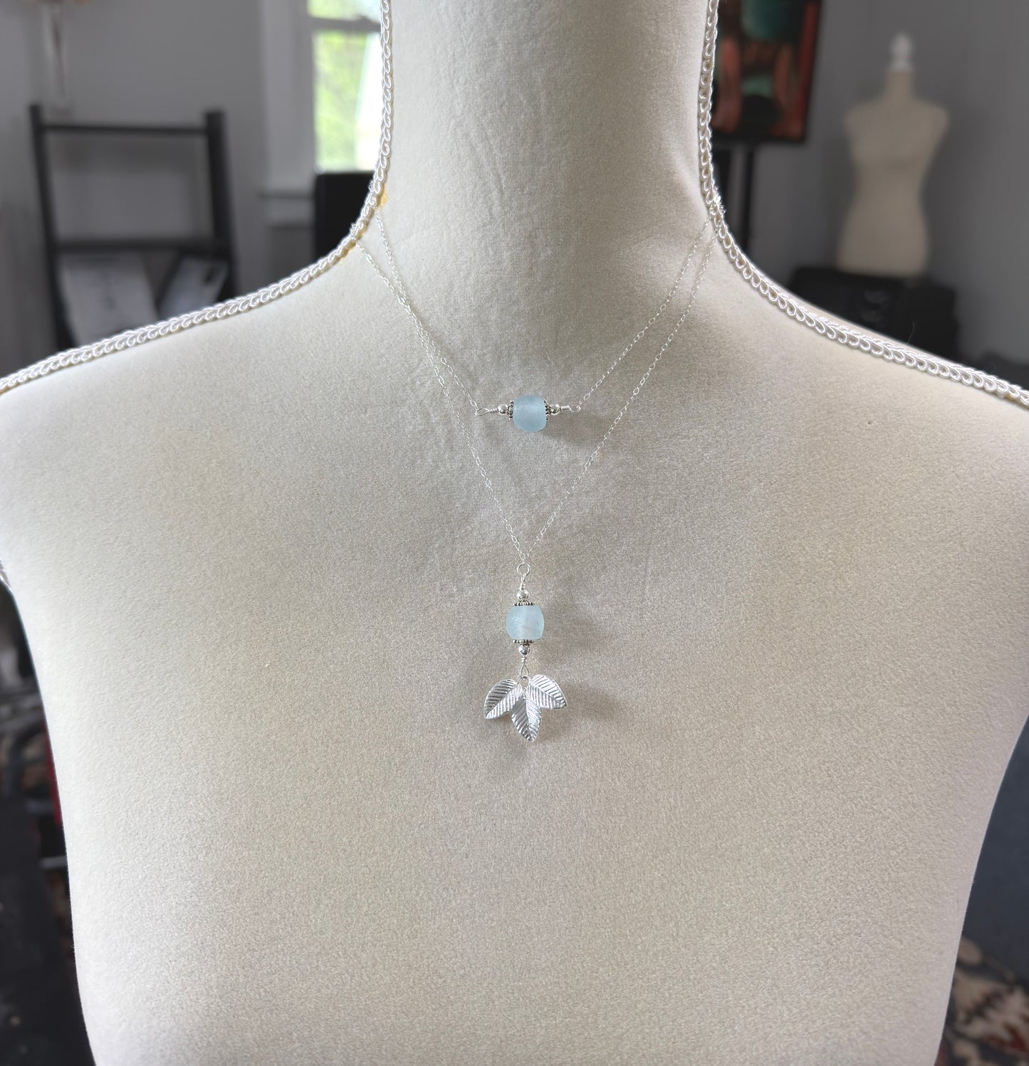 Necklace with Blue, Recycled Frosted Glass and Sterling Silver Beads CDN-947