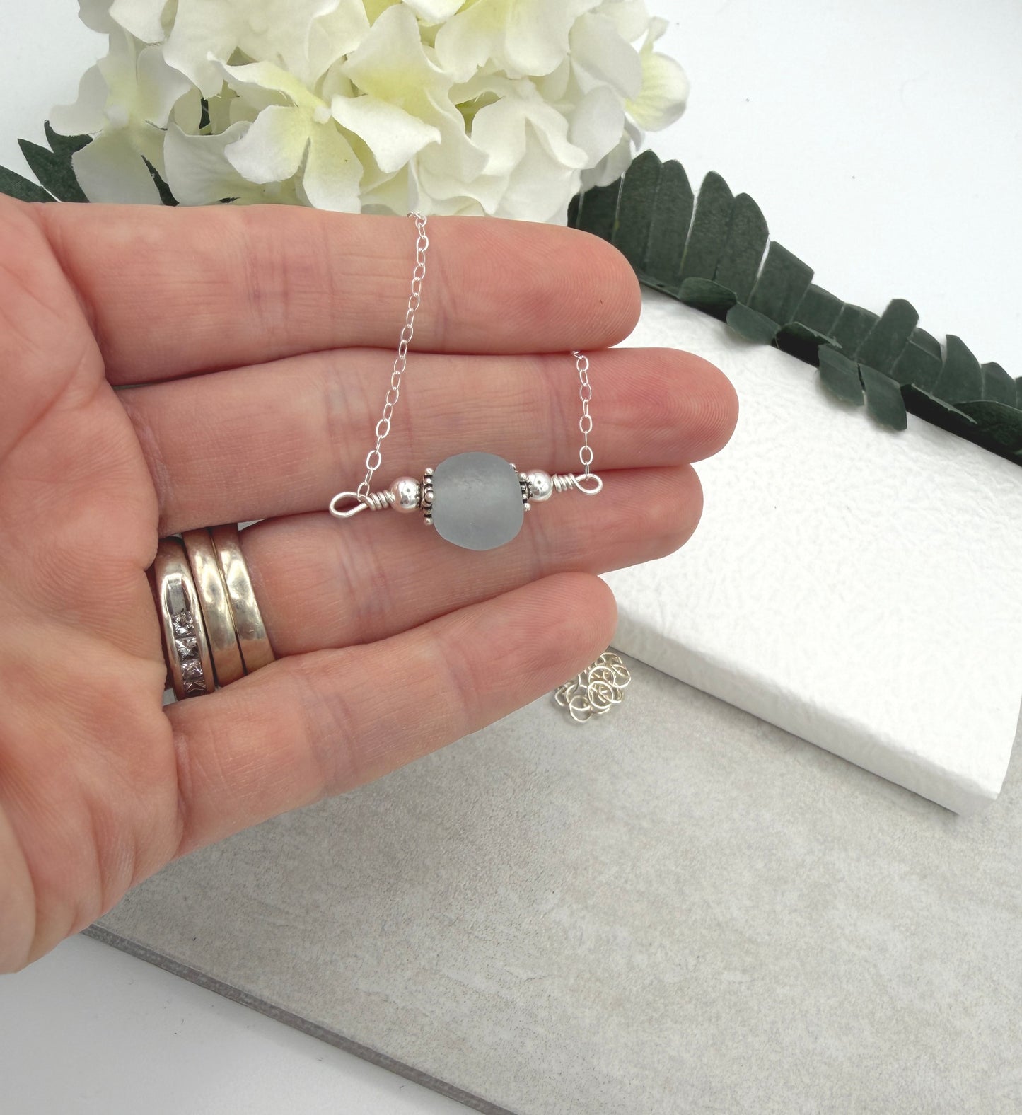Necklace with Blue, Recycled Frosted Glass and Sterling Silver Beads CDN-947