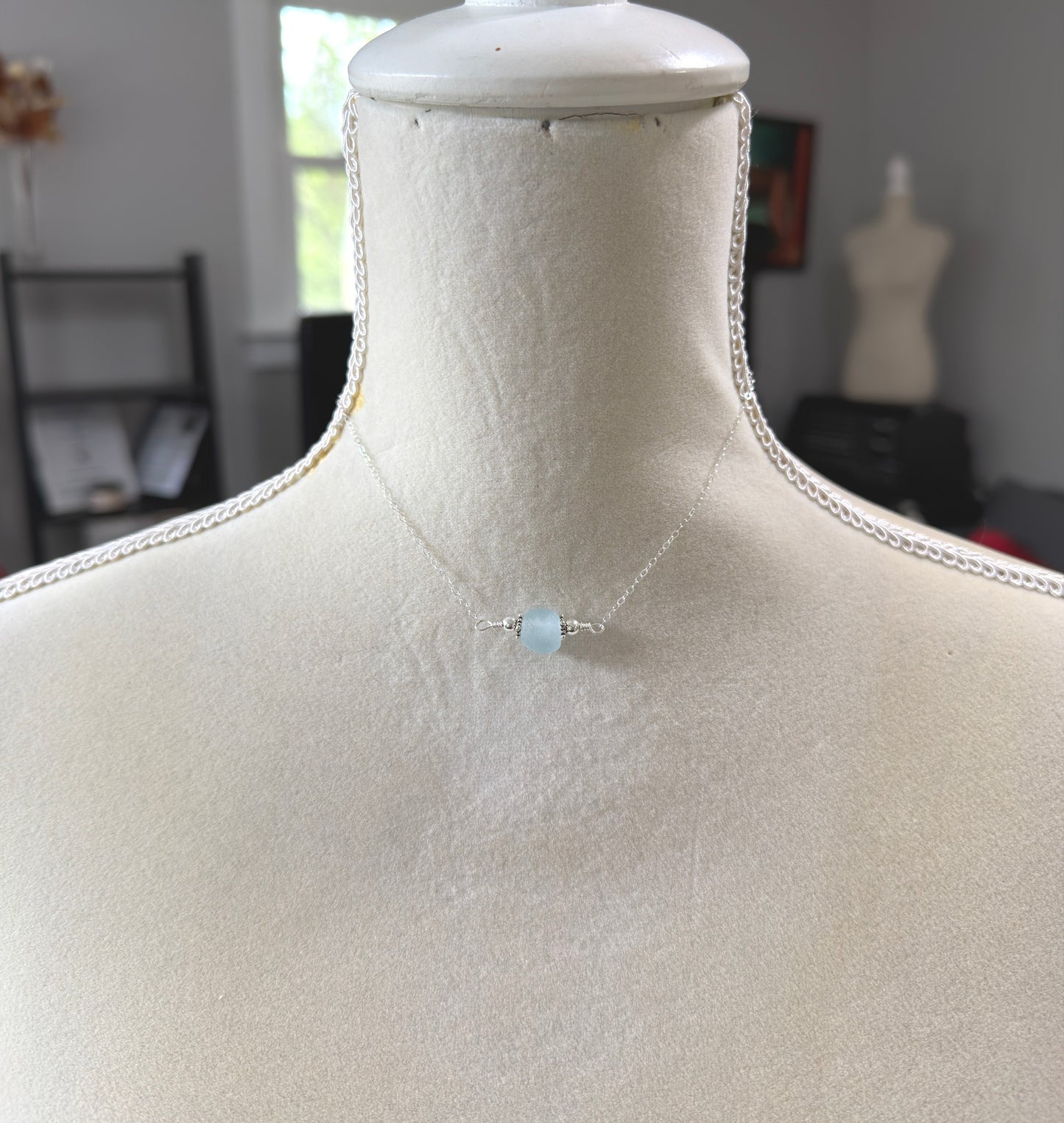 Necklace with Blue, Recycled Frosted Glass and Sterling Silver Beads CDN-947