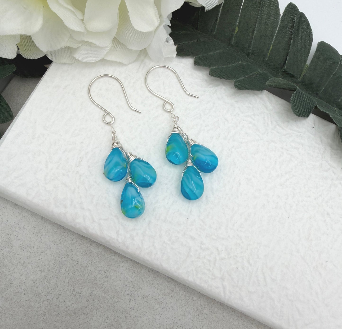 Earrings with Cascades of Wire Wrapped Blue and Yellow Glass Teardrops CE-304