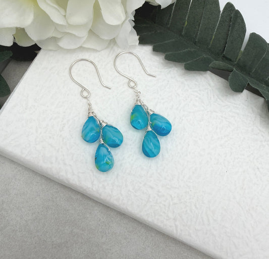 Earrings with Cascades of Wire Wrapped Blue and Yellow Glass Teardrops CE-304